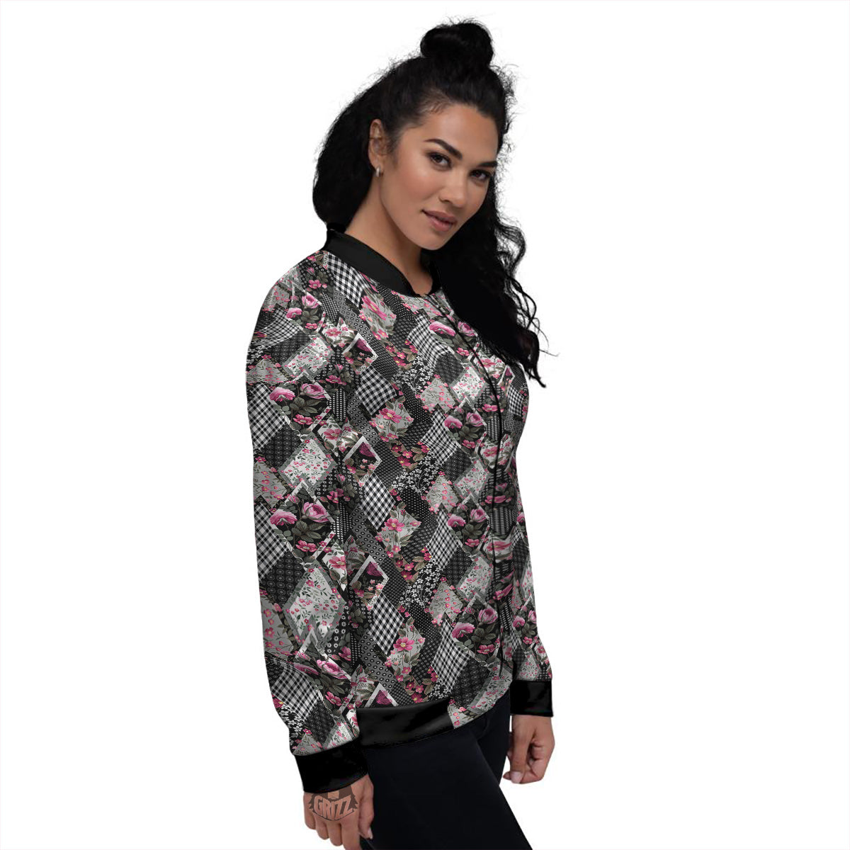 Patchwork Floral Black Pink Print Pattern Women's Bomber Jacket-grizzshop