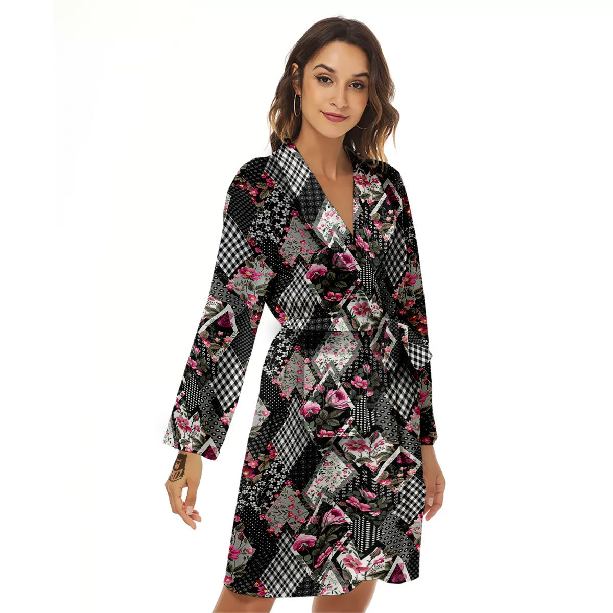 Patchwork Floral Black Pink Print Pattern Women's Robe-grizzshop