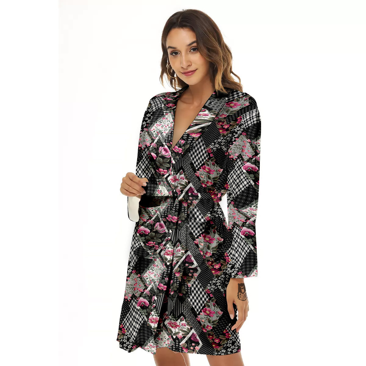 Patchwork Floral Black Pink Print Pattern Women's Robe-grizzshop