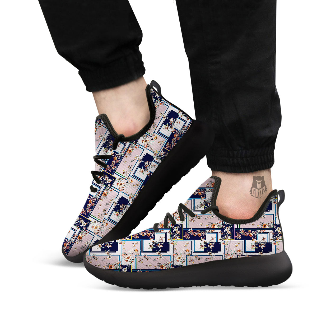 Patchwork Flower Vintage Print Pattern Black Athletic Shoes-grizzshop