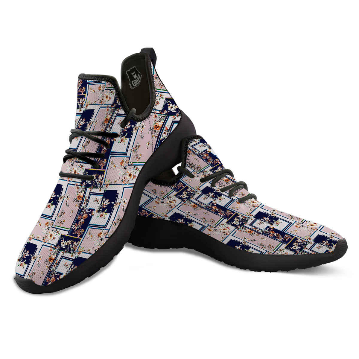 Patchwork Flower Vintage Print Pattern Black Athletic Shoes-grizzshop