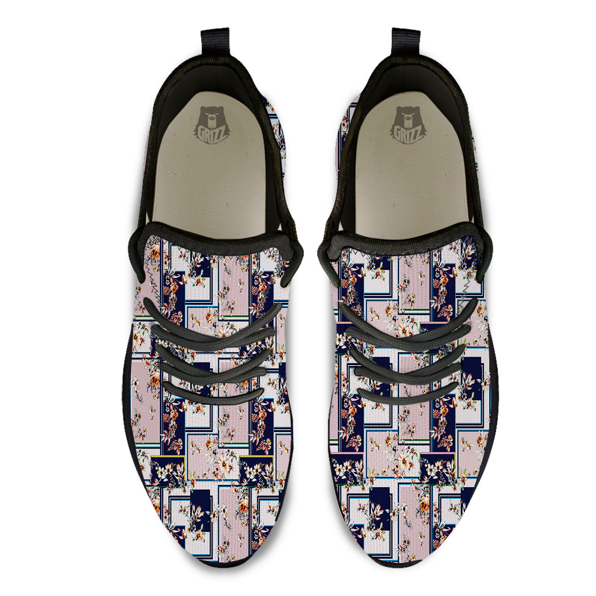 Patchwork Flower Vintage Print Pattern Black Athletic Shoes-grizzshop