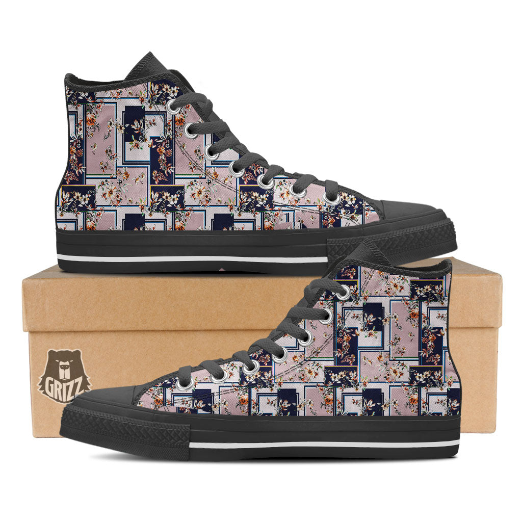 Patchwork Flower Vintage Print Pattern Black High Top Shoes-grizzshop