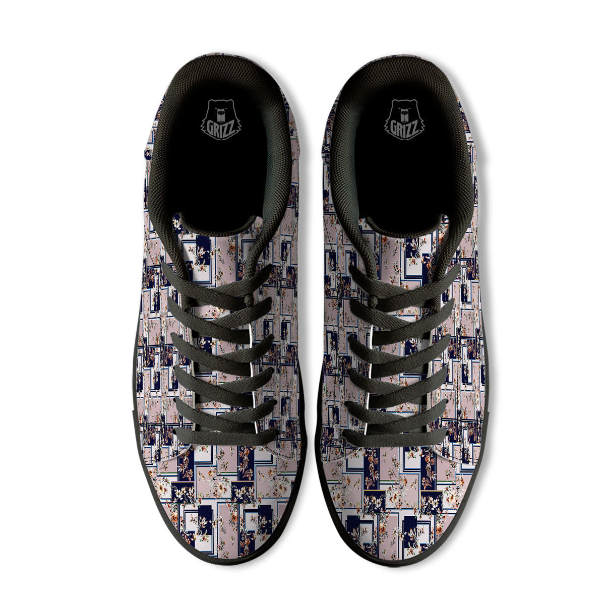 Patchwork Flower Vintage Print Pattern Black Low Top Sneakers-grizzshop