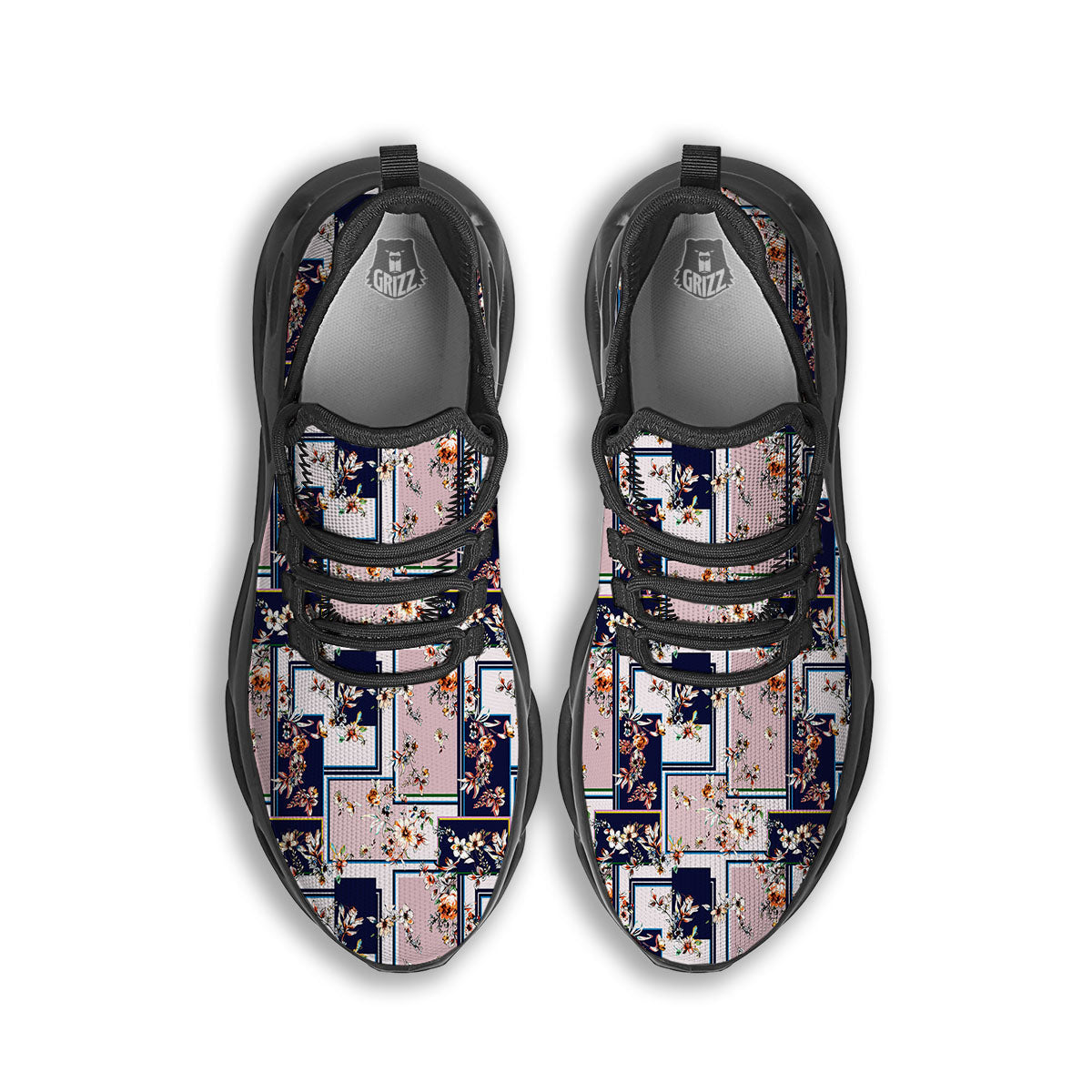 Patchwork Flower Vintage Print Pattern Black Running Shoes-grizzshop