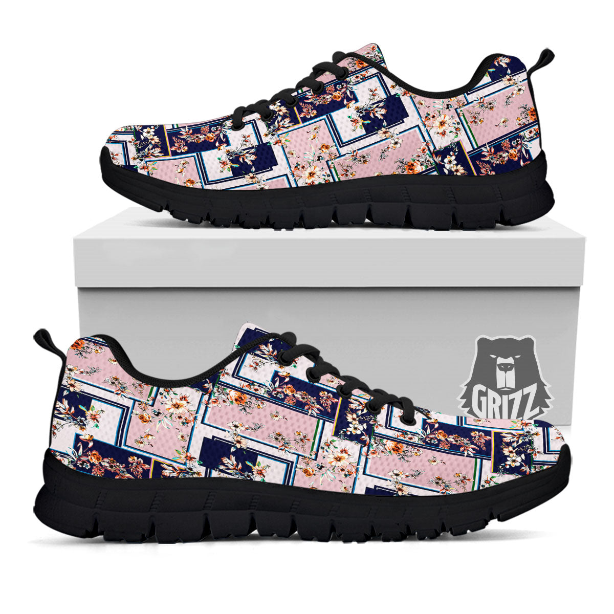 Patchwork Flower Vintage Print Pattern Black Sneaker-grizzshop