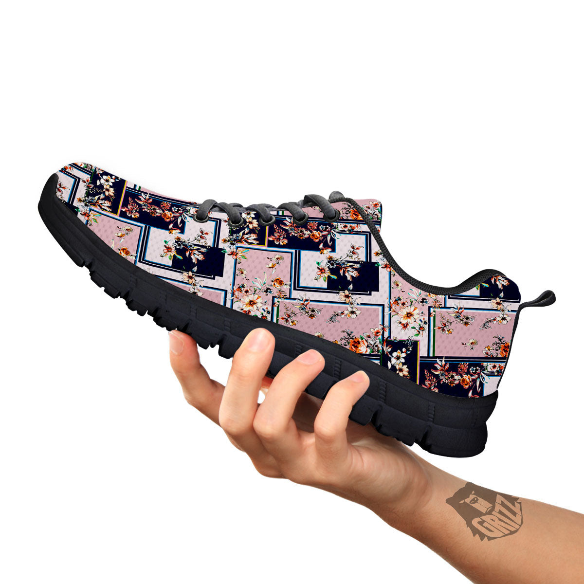 Patchwork Flower Vintage Print Pattern Black Sneaker-grizzshop