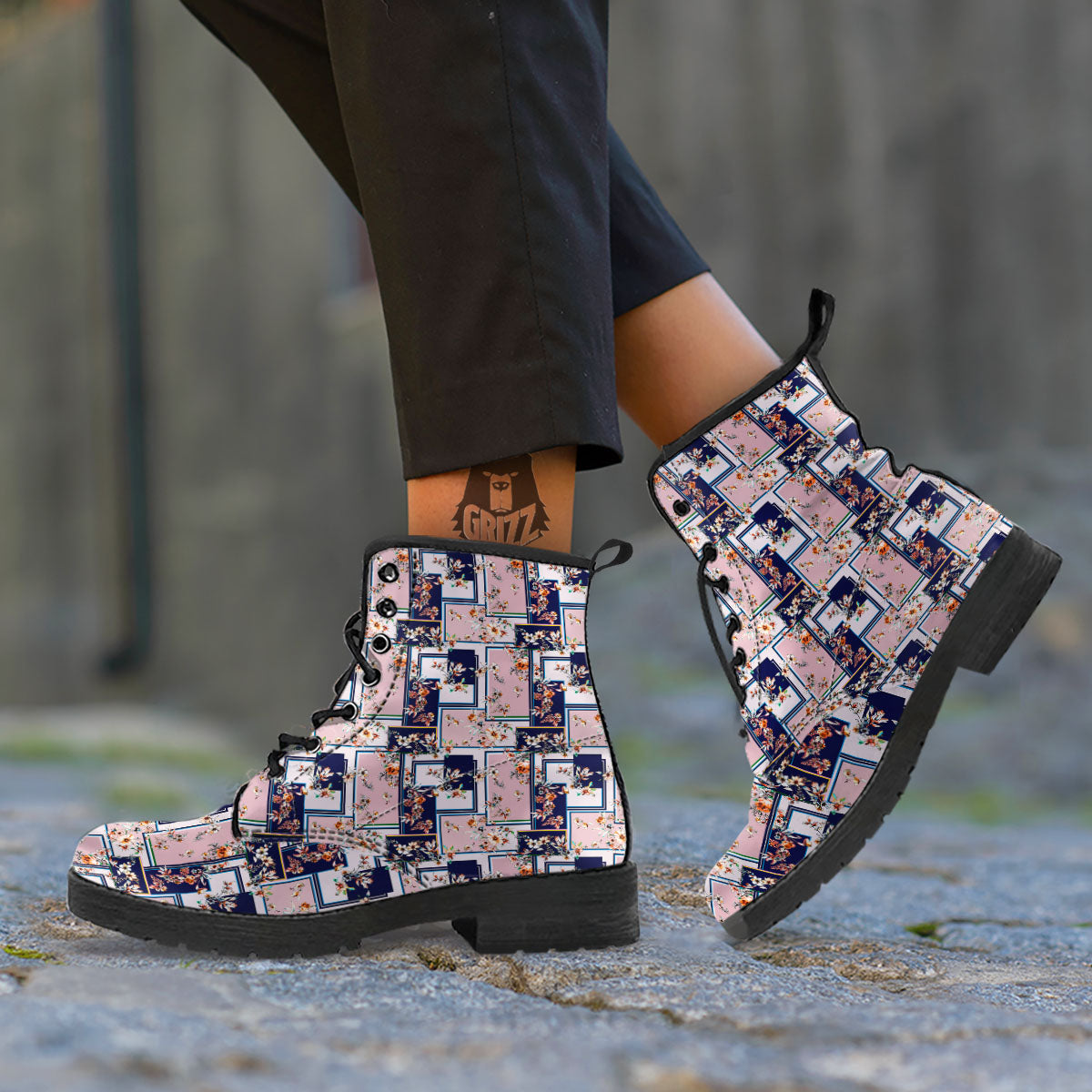 Patchwork Flower Vintage Print Pattern Leather Boots-grizzshop