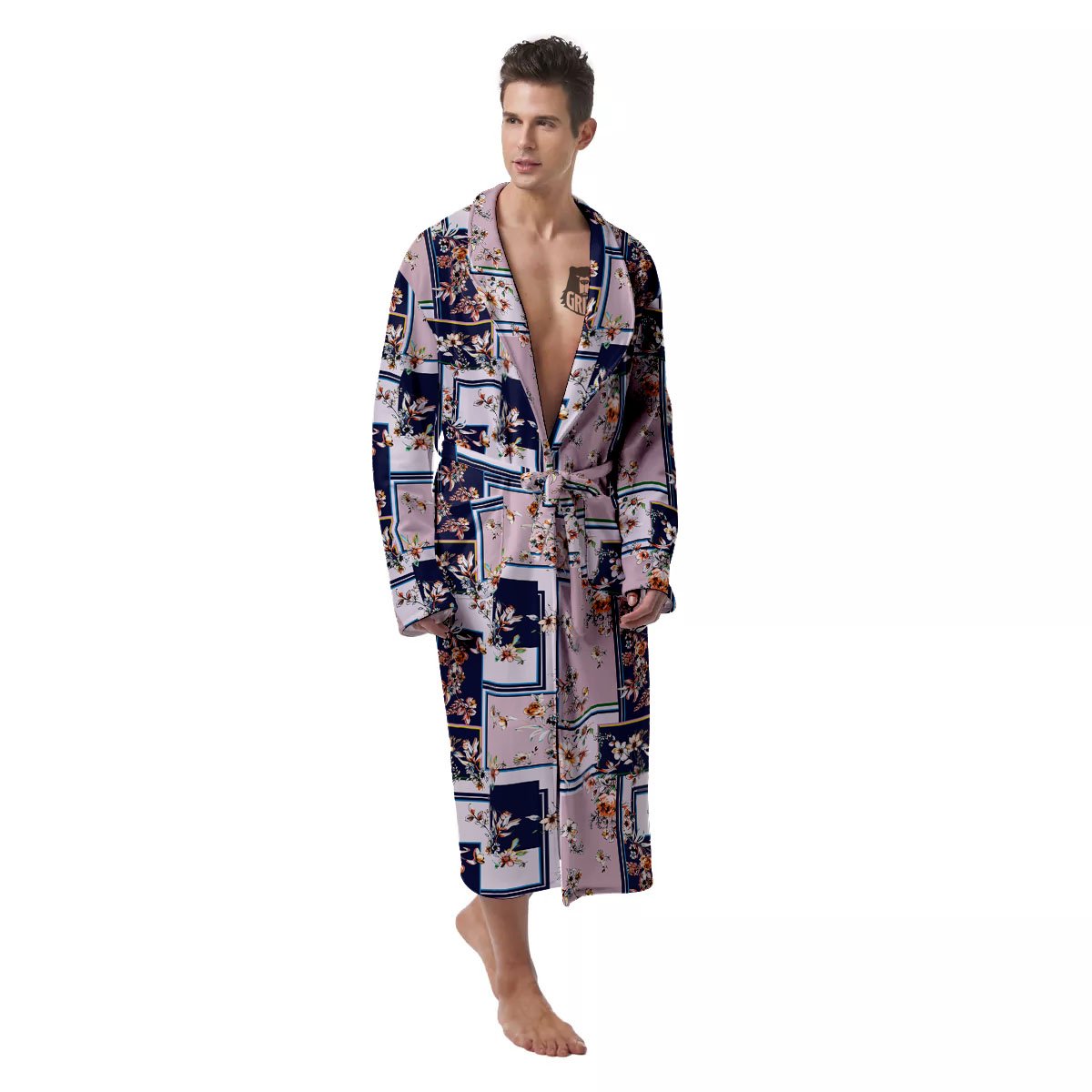 Patchwork Flower Vintage Print Pattern Men's Robe-grizzshop