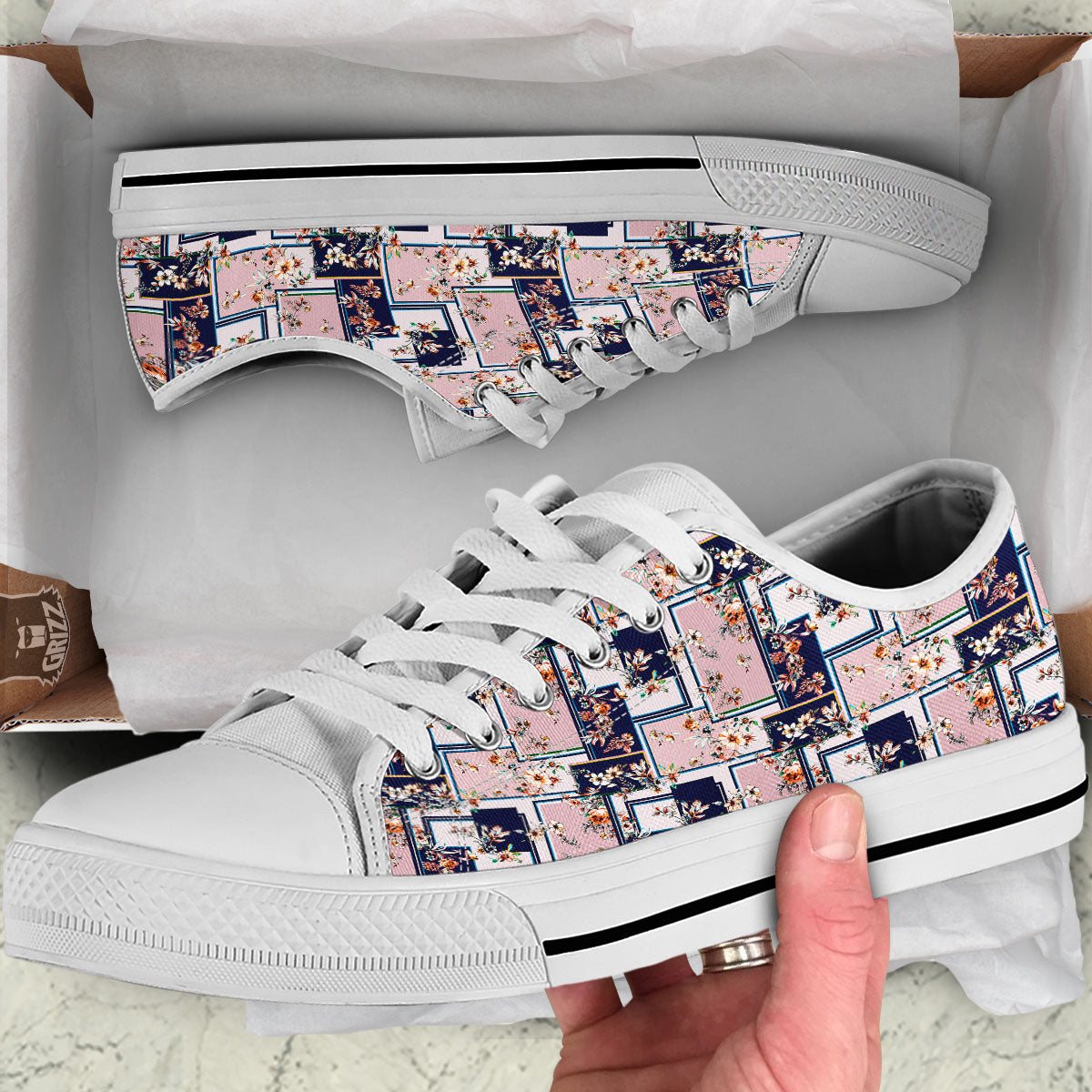 Patchwork Flower Vintage Print Pattern White Low Top Shoes-grizzshop