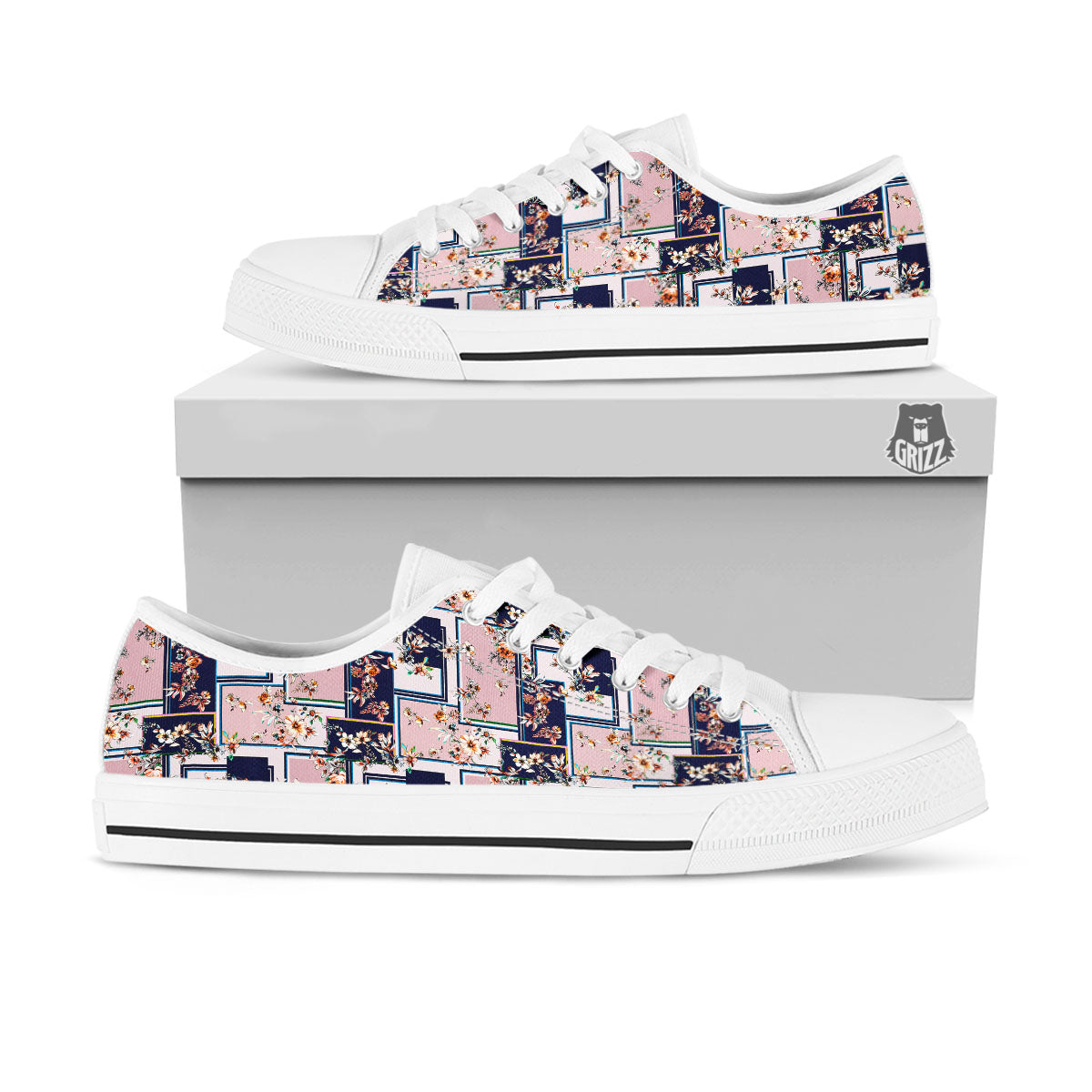 Patchwork Flower Vintage Print Pattern White Low Top Shoes-grizzshop