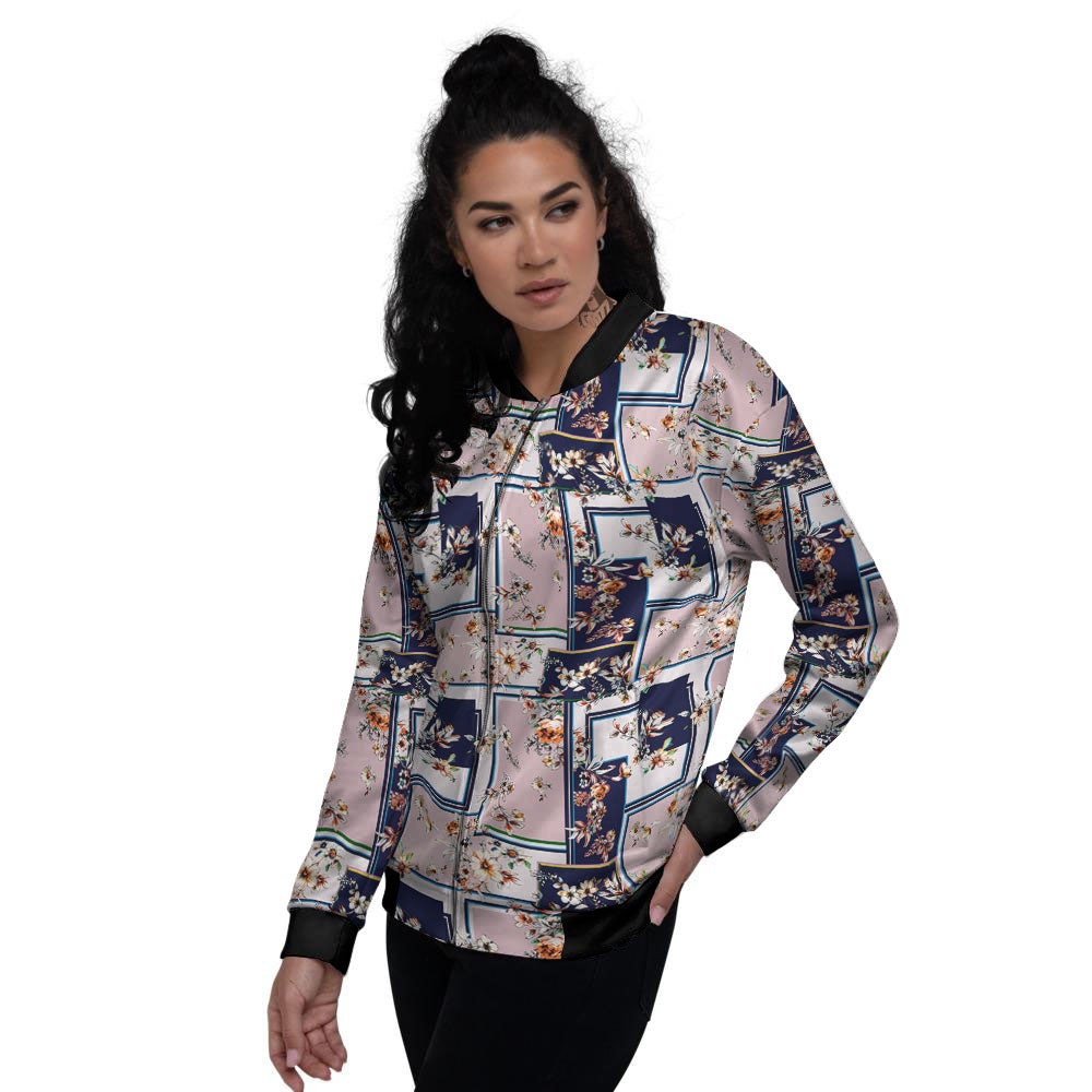 Patchwork Flower Vintage Print Pattern Women's Bomber Jacket-grizzshop