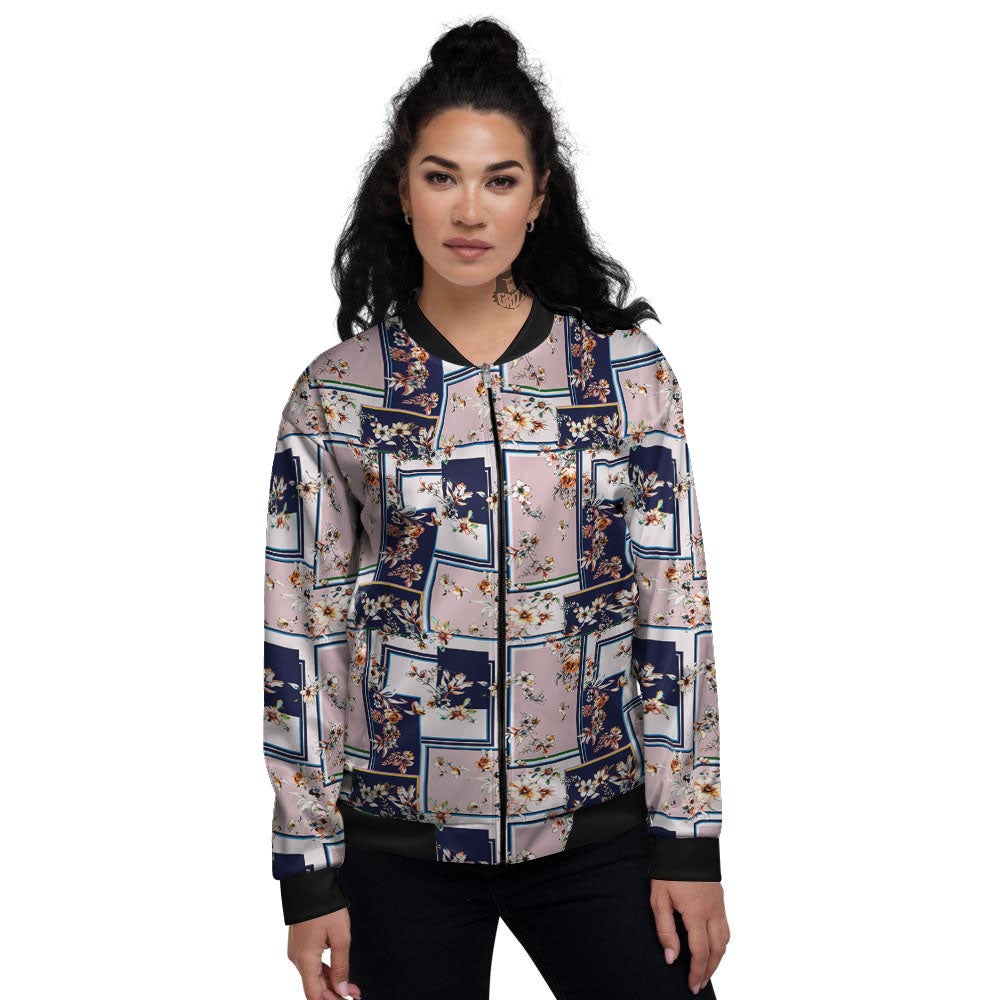Patchwork Flower Vintage Print Pattern Women's Bomber Jacket-grizzshop