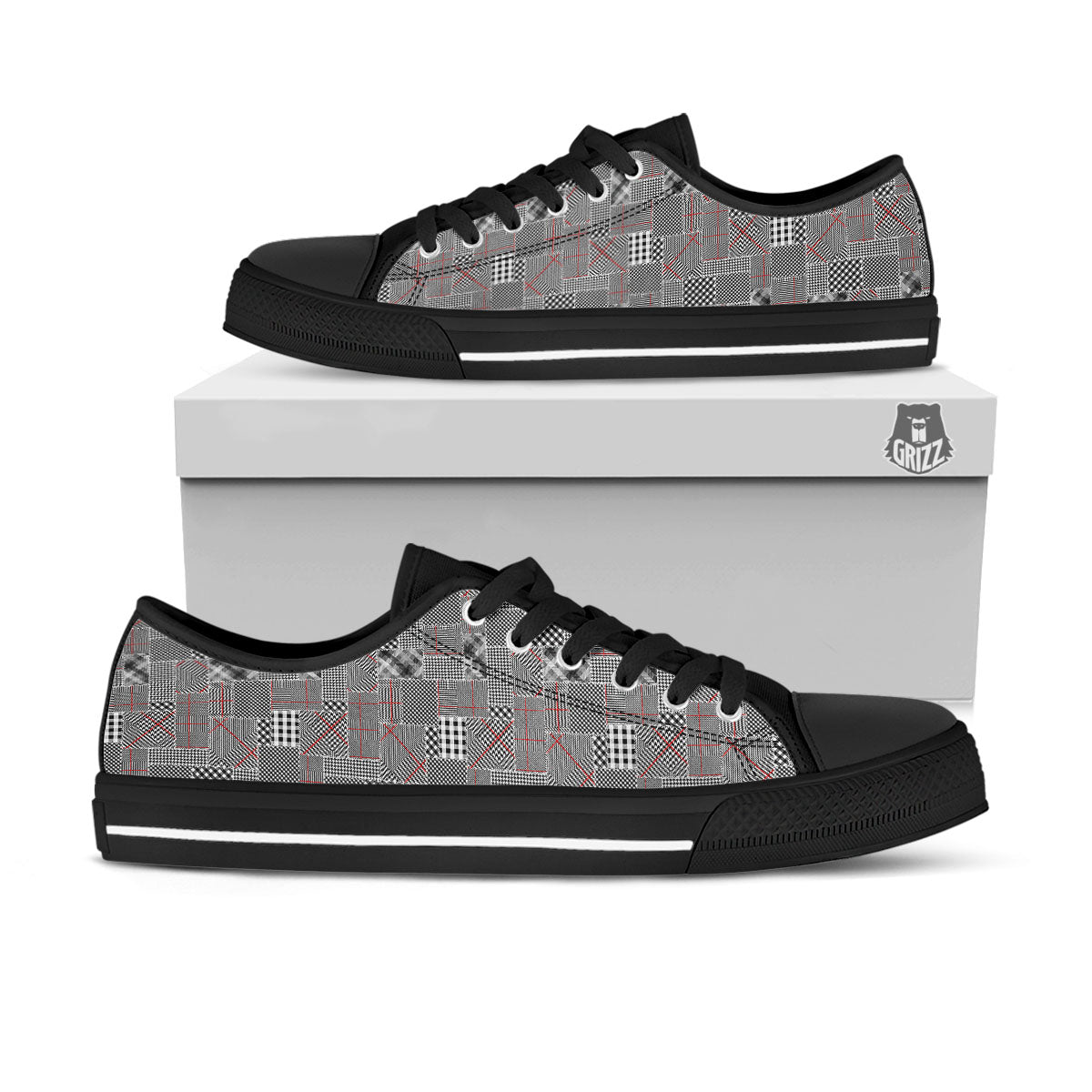 Patchwork Glen Plaid Print Pattern Black Low Top Shoes-grizzshop
