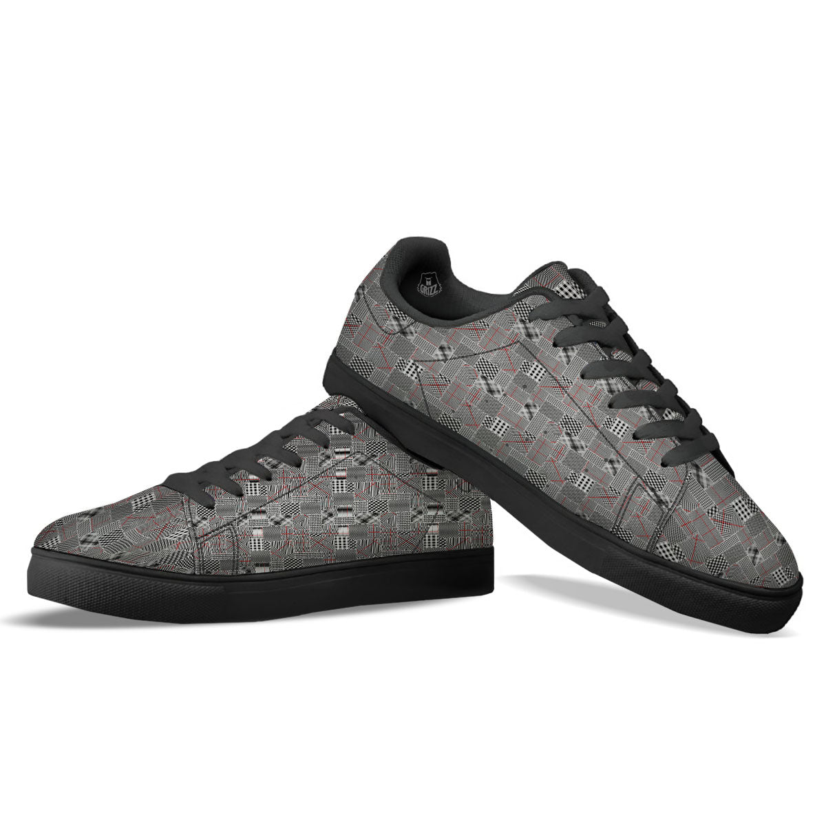 Patchwork Glen Plaid Print Pattern Black Low Top Sneakers-grizzshop