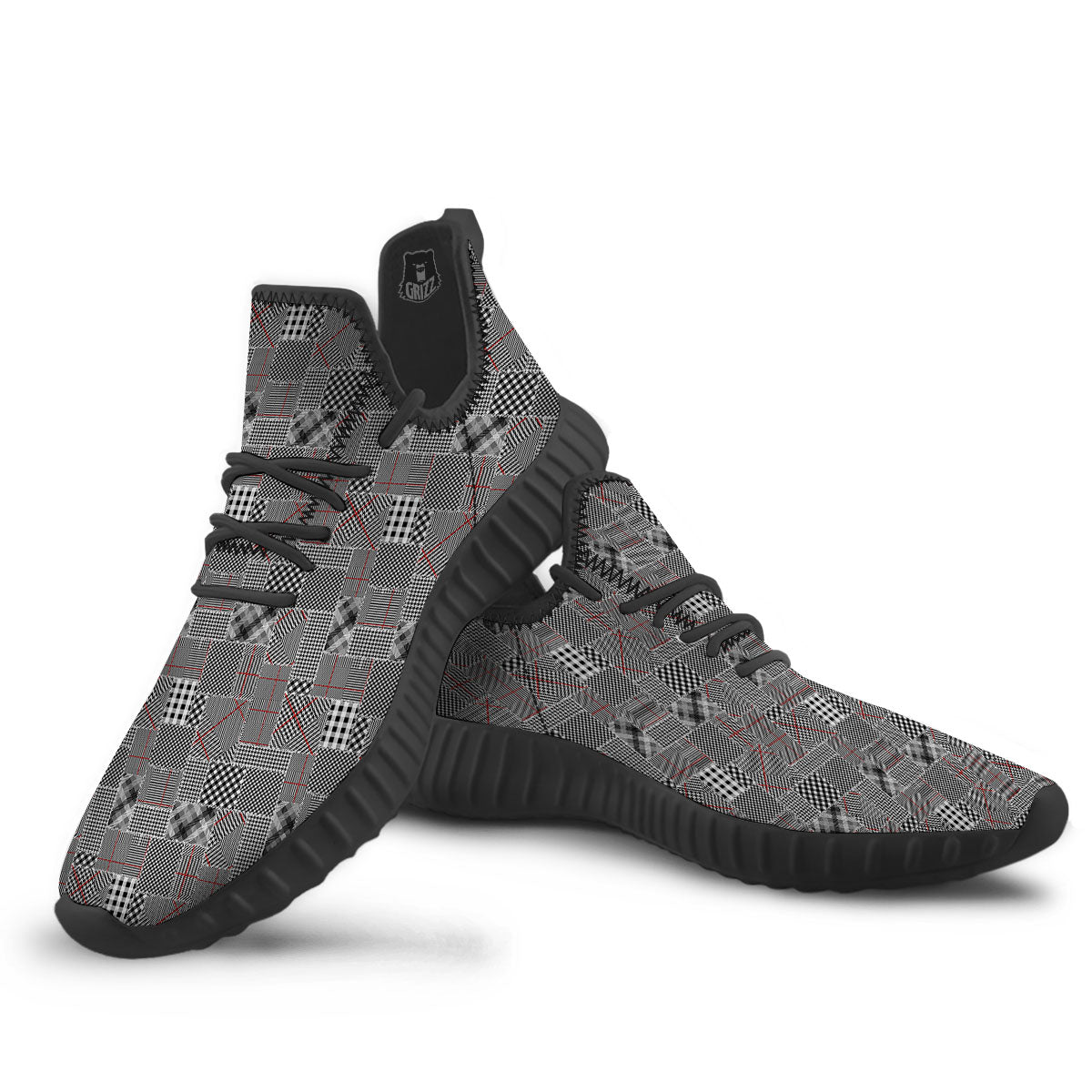 Patchwork Glen Plaid Print Pattern Black Walking Shoes-grizzshop