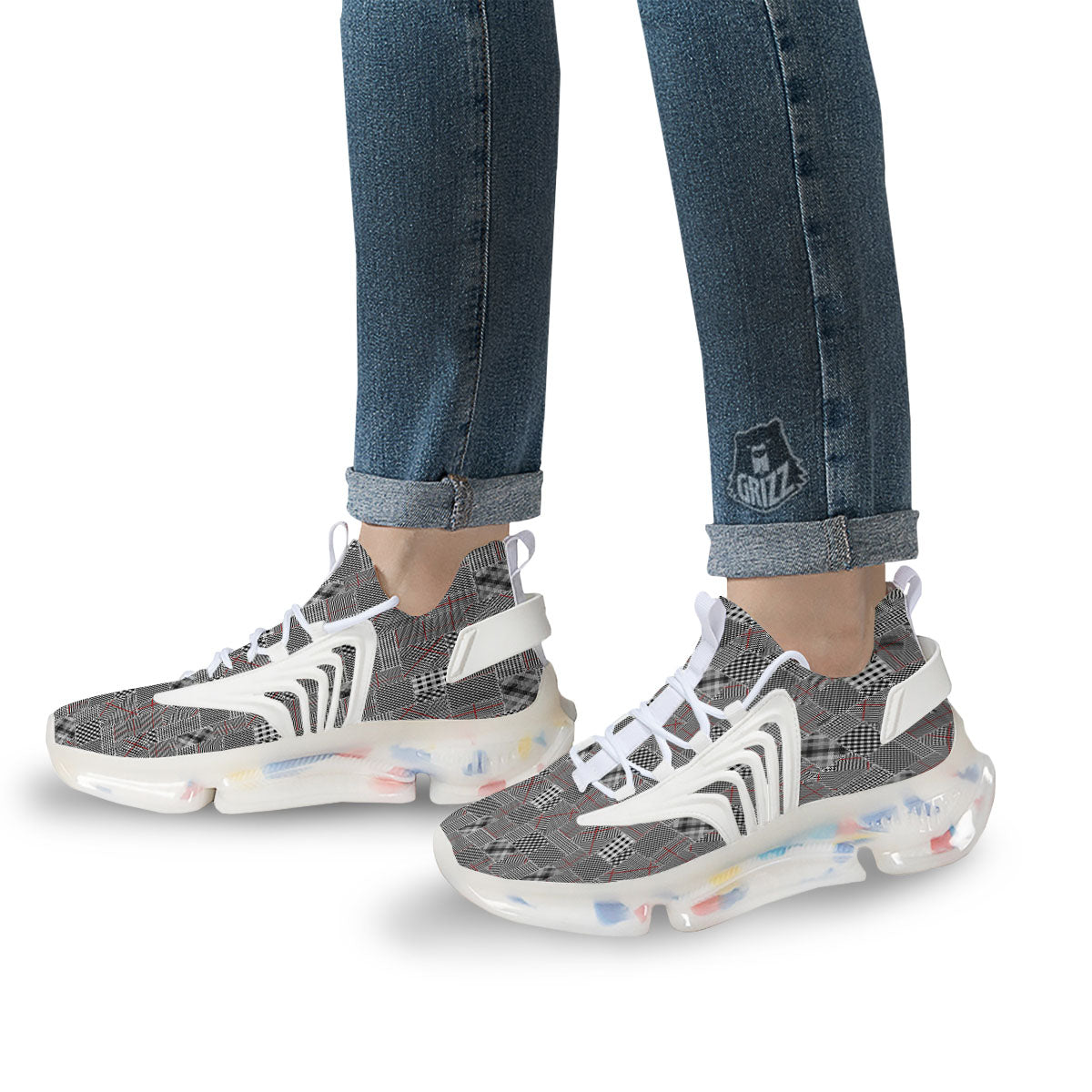 Patchwork Glen Plaid Print Pattern White Gym Shoes-grizzshop
