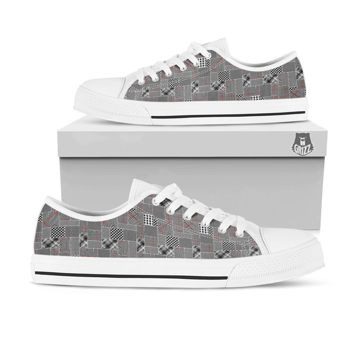 Patchwork Glen Plaid Print Pattern White Low Top Shoes-grizzshop