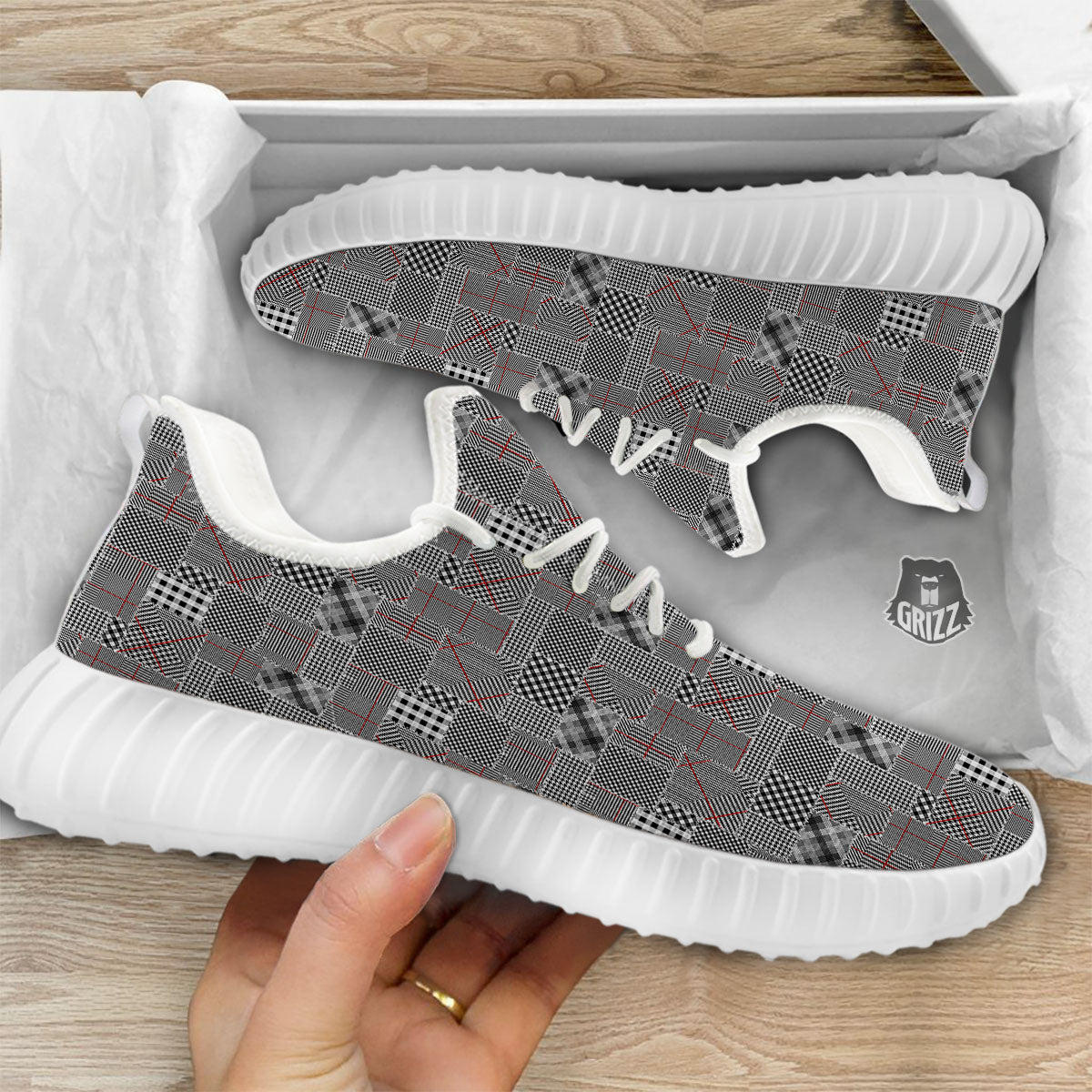 Patchwork Glen Plaid Print Pattern White Walking Shoes-grizzshop