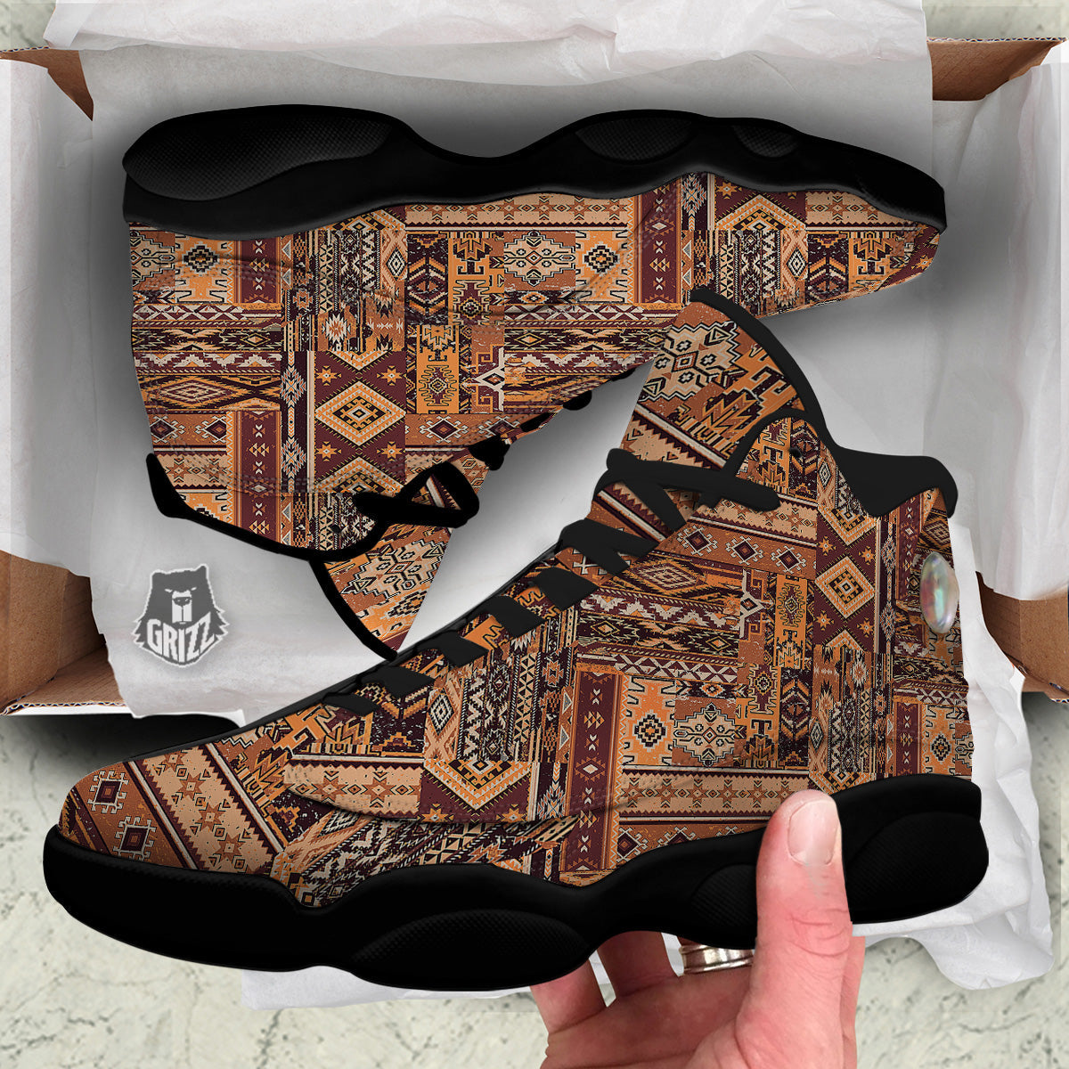 Patchwork Grunge Native American Print Pattern Black Basketball Shoes-grizzshop