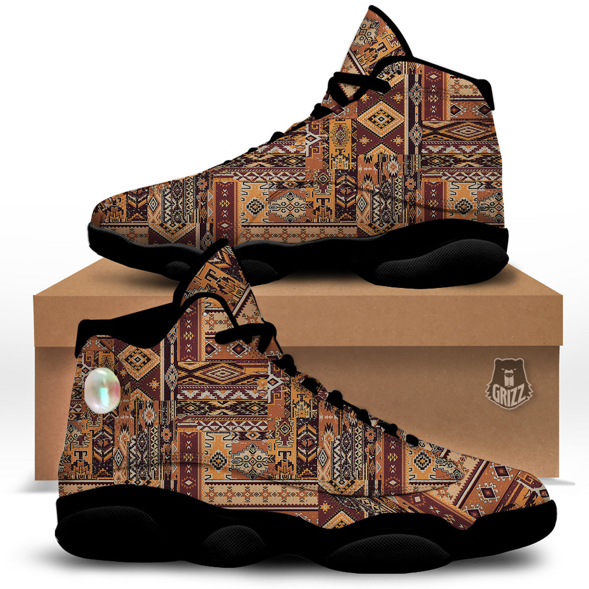 Patchwork Grunge Native American Print Pattern Black Basketball Shoes-grizzshop