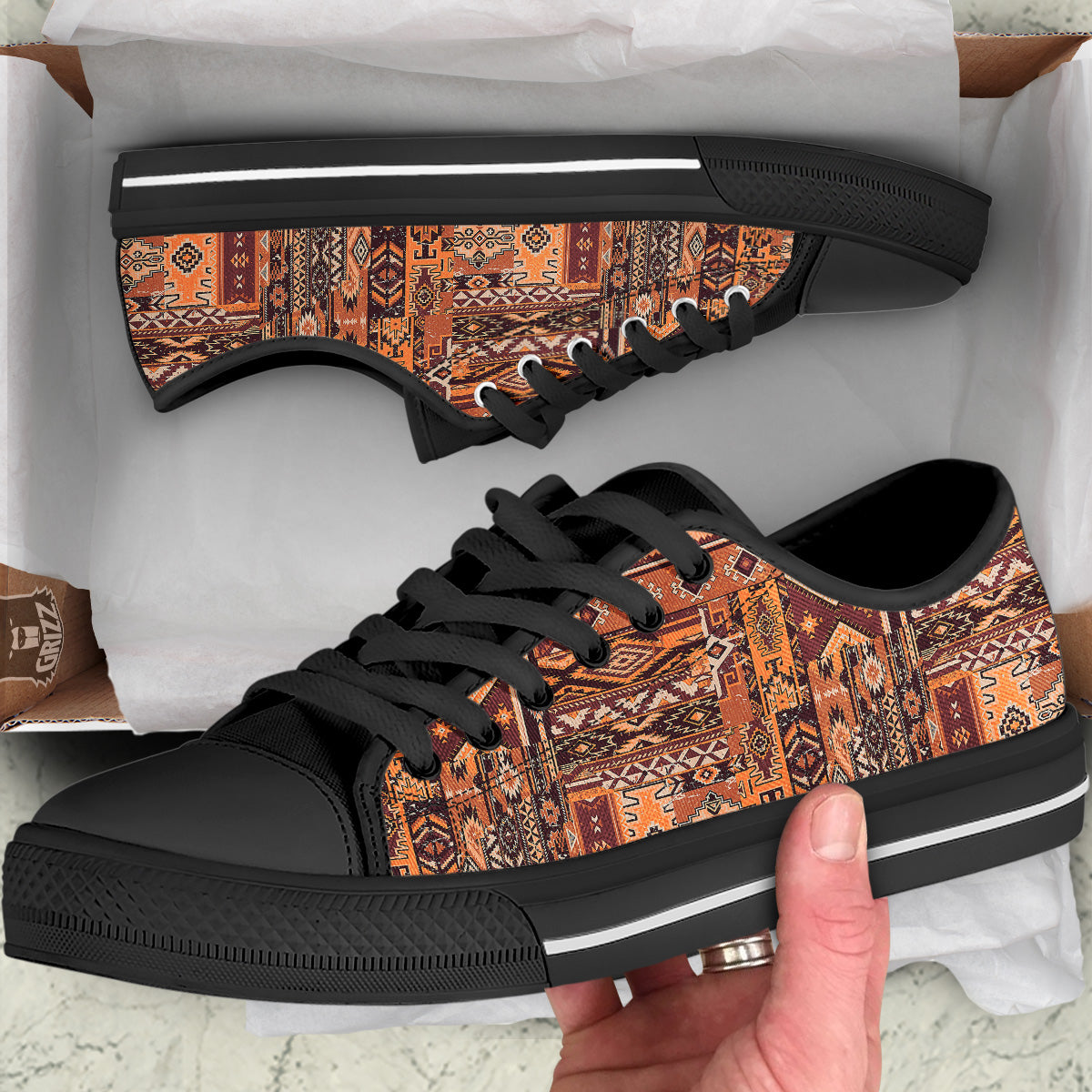 Patchwork Grunge Native American Print Pattern Black Low Top Shoes-grizzshop