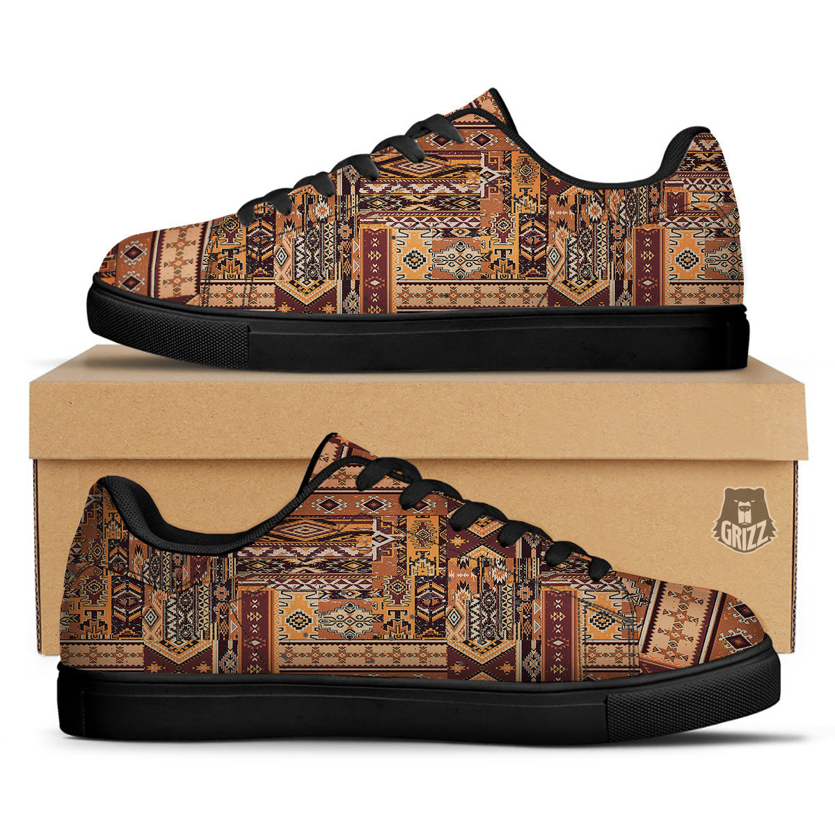 Patchwork Grunge Native American Print Pattern Black Low Top Sneakers-grizzshop