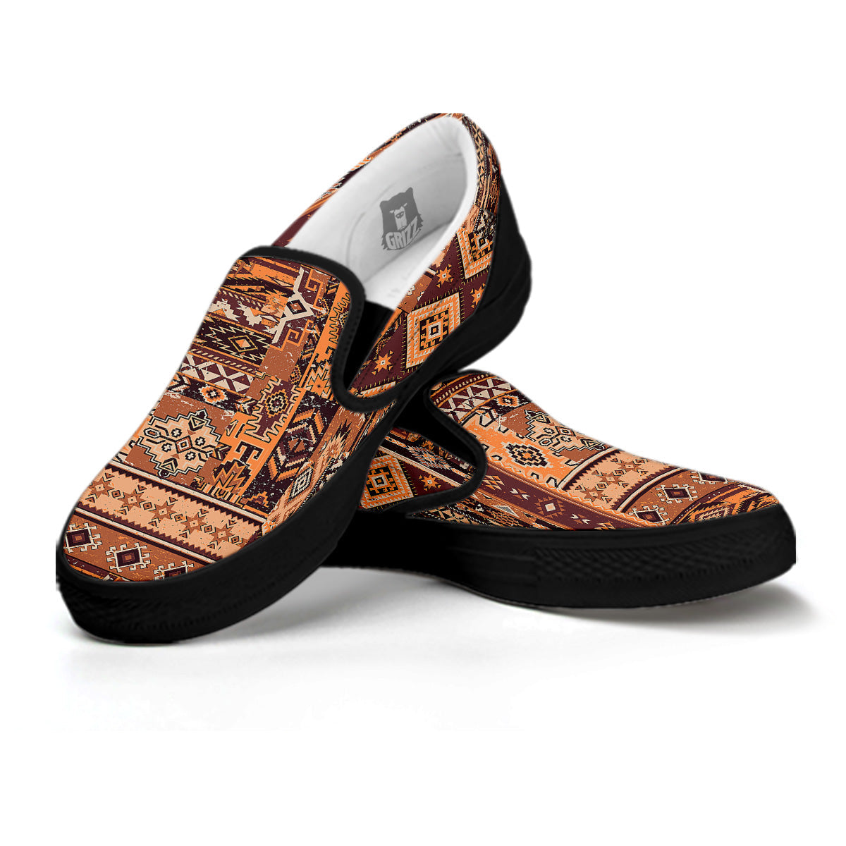 Patchwork Grunge Native American Print Pattern Black Slip On Shoes-grizzshop