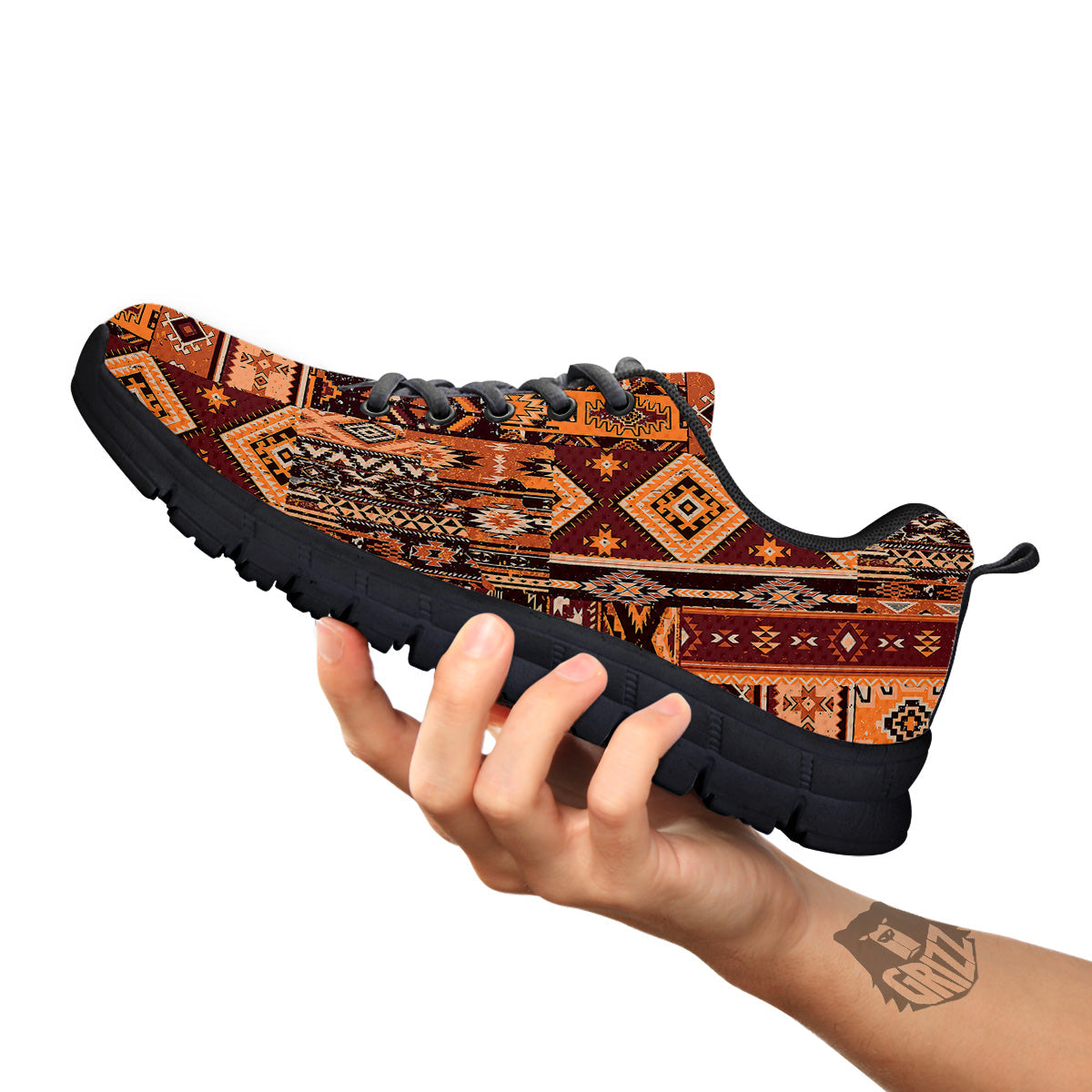 Patchwork Grunge Native American Print Pattern Black Sneaker-grizzshop