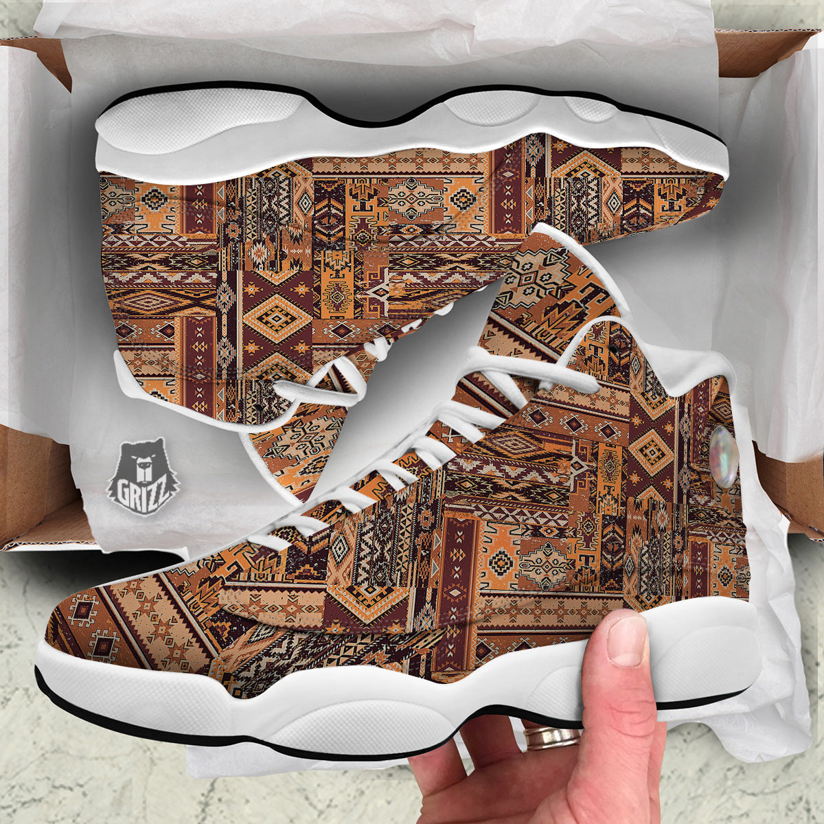 Patchwork Grunge Native American Print Pattern White Basketball Shoes-grizzshop