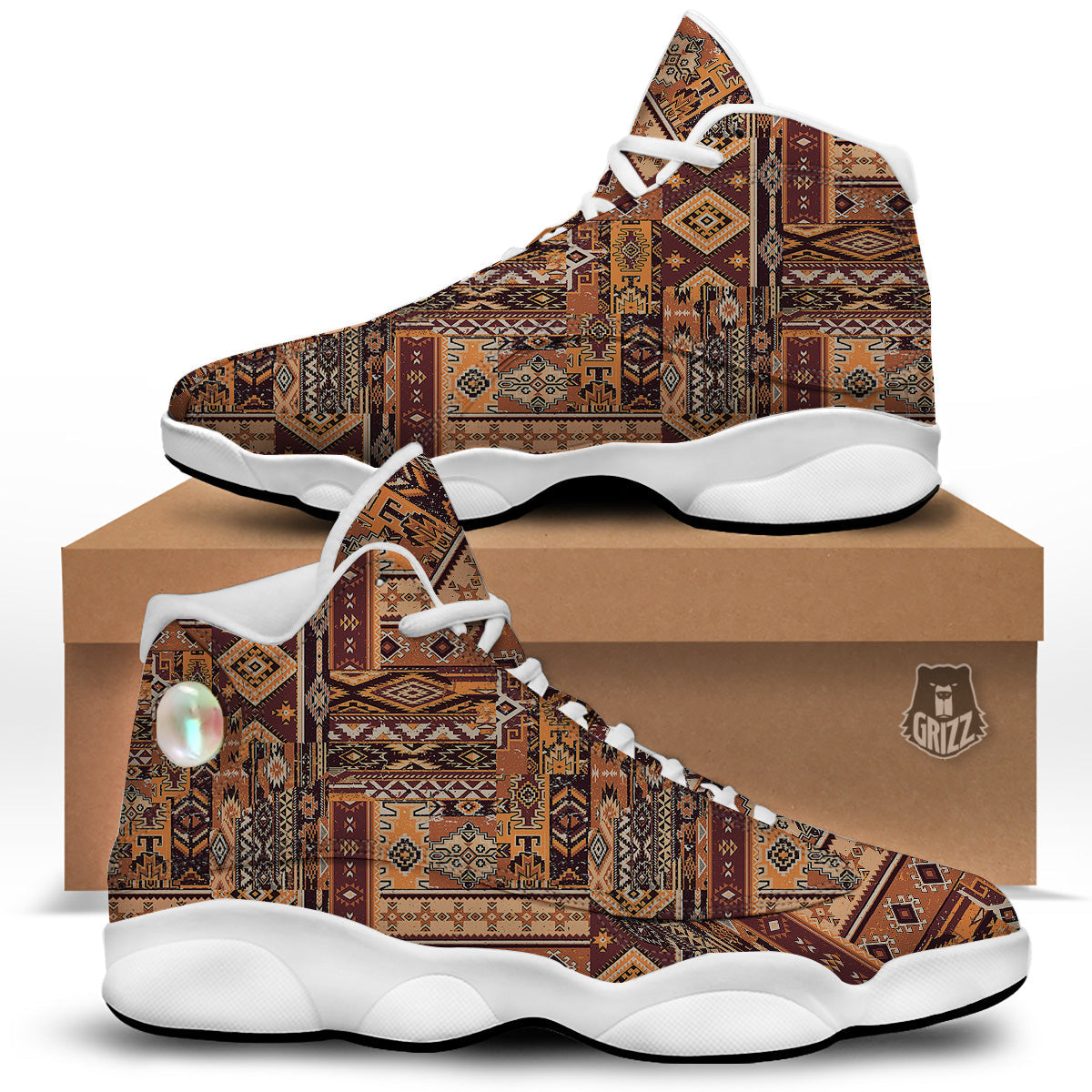 Patchwork Grunge Native American Print Pattern White Basketball Shoes-grizzshop