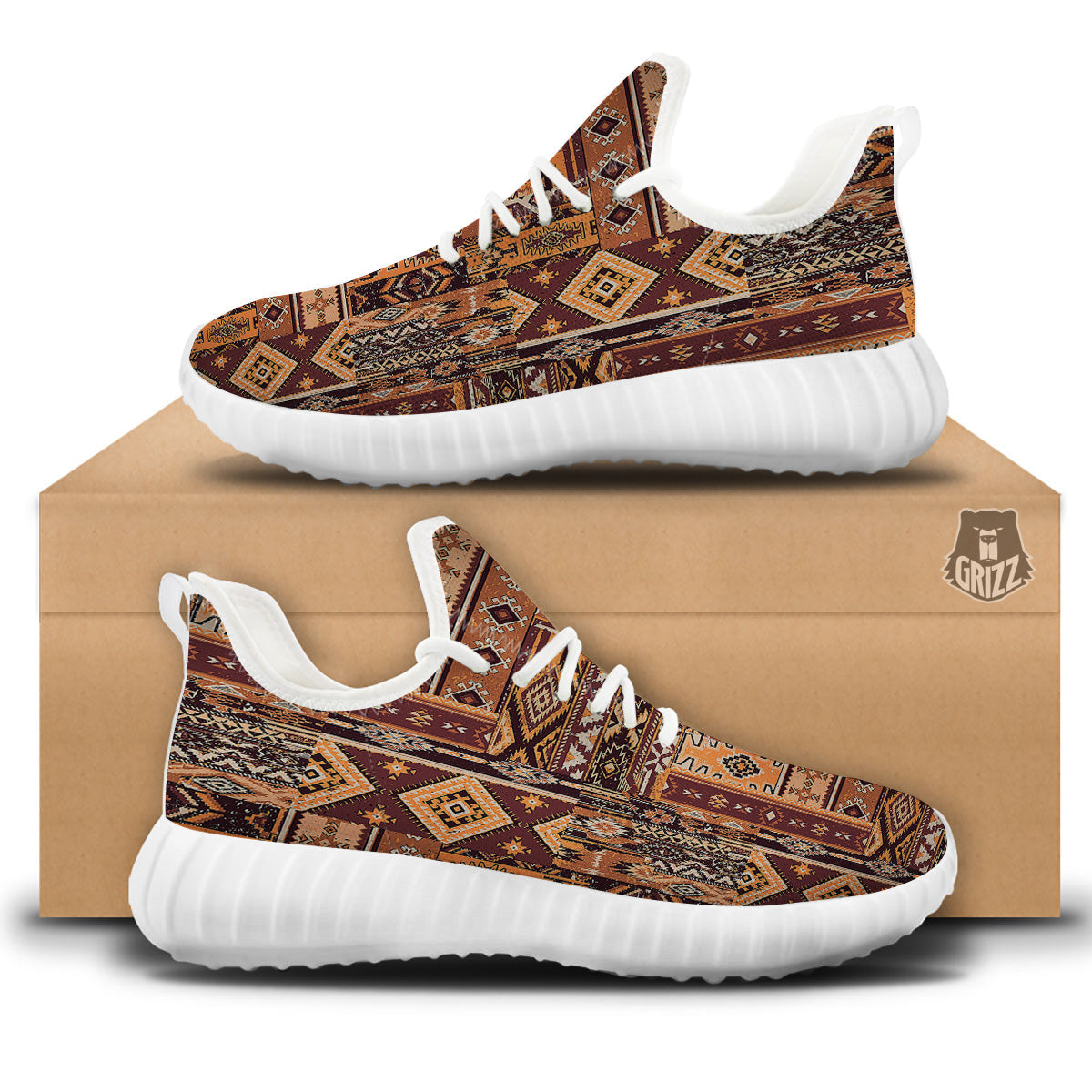 Patchwork Grunge Native American Print Pattern White Walking Shoes-grizzshop