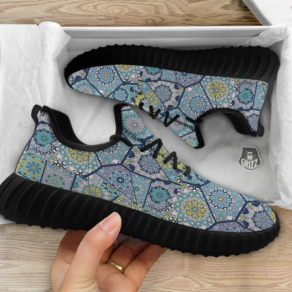 Patchwork Indian Floral Print Pattern Black Walking Shoes-grizzshop