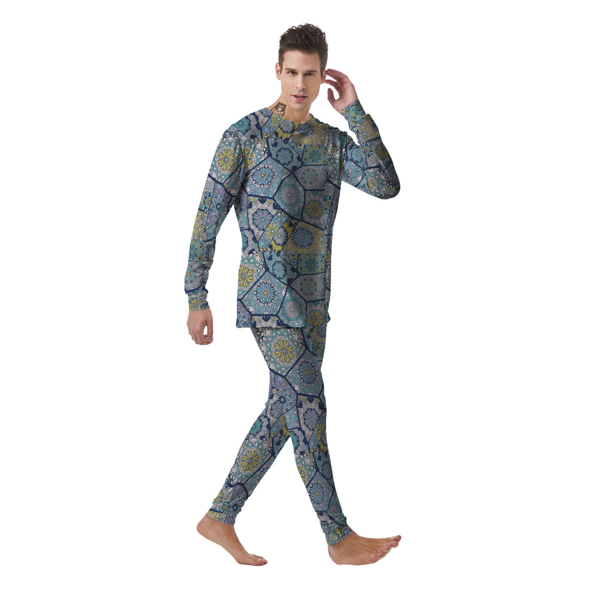 Patchwork Indian Floral Print Pattern Men's Pajamas-grizzshop