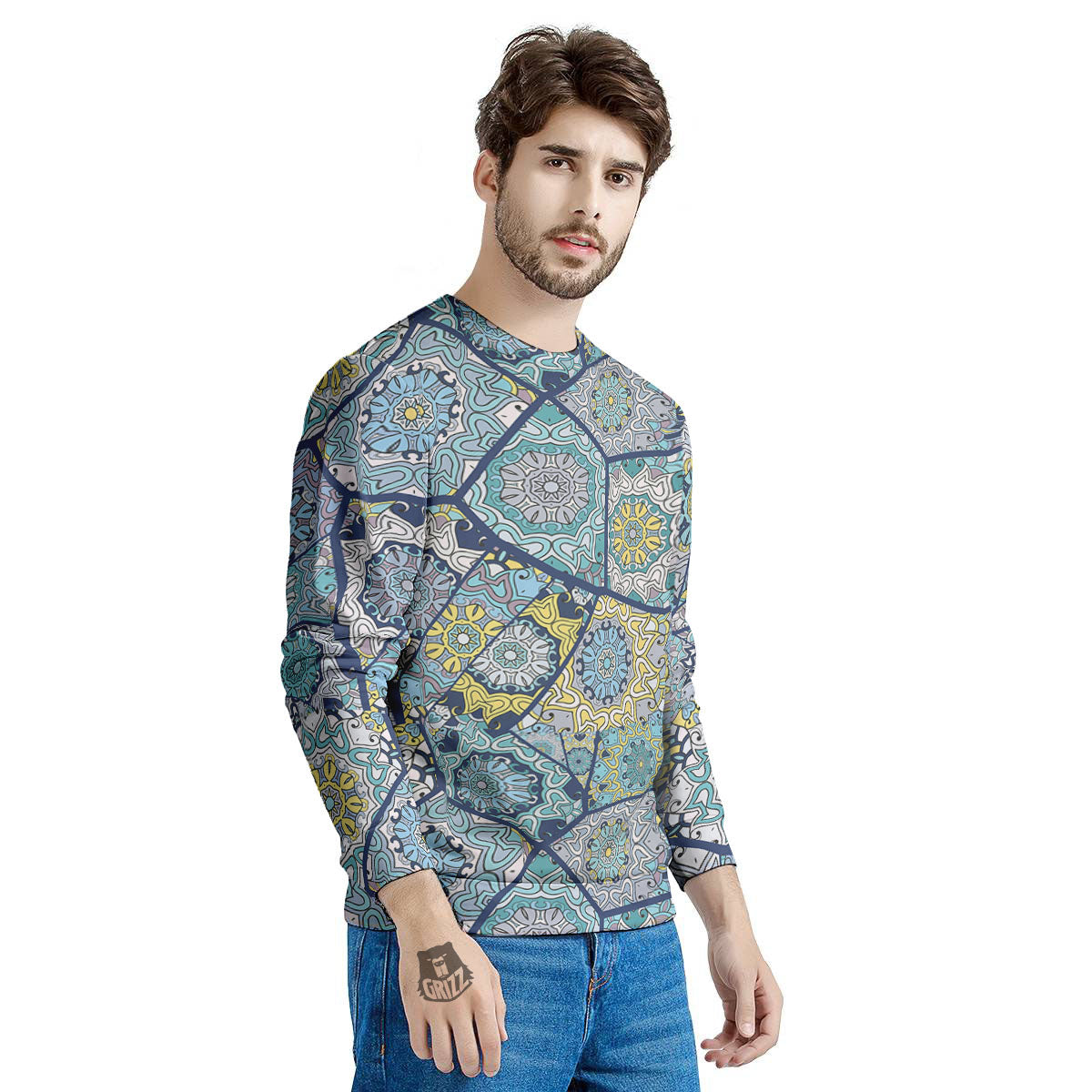 Patchwork Indian Floral Print Pattern Men's Sweatshirt-grizzshop