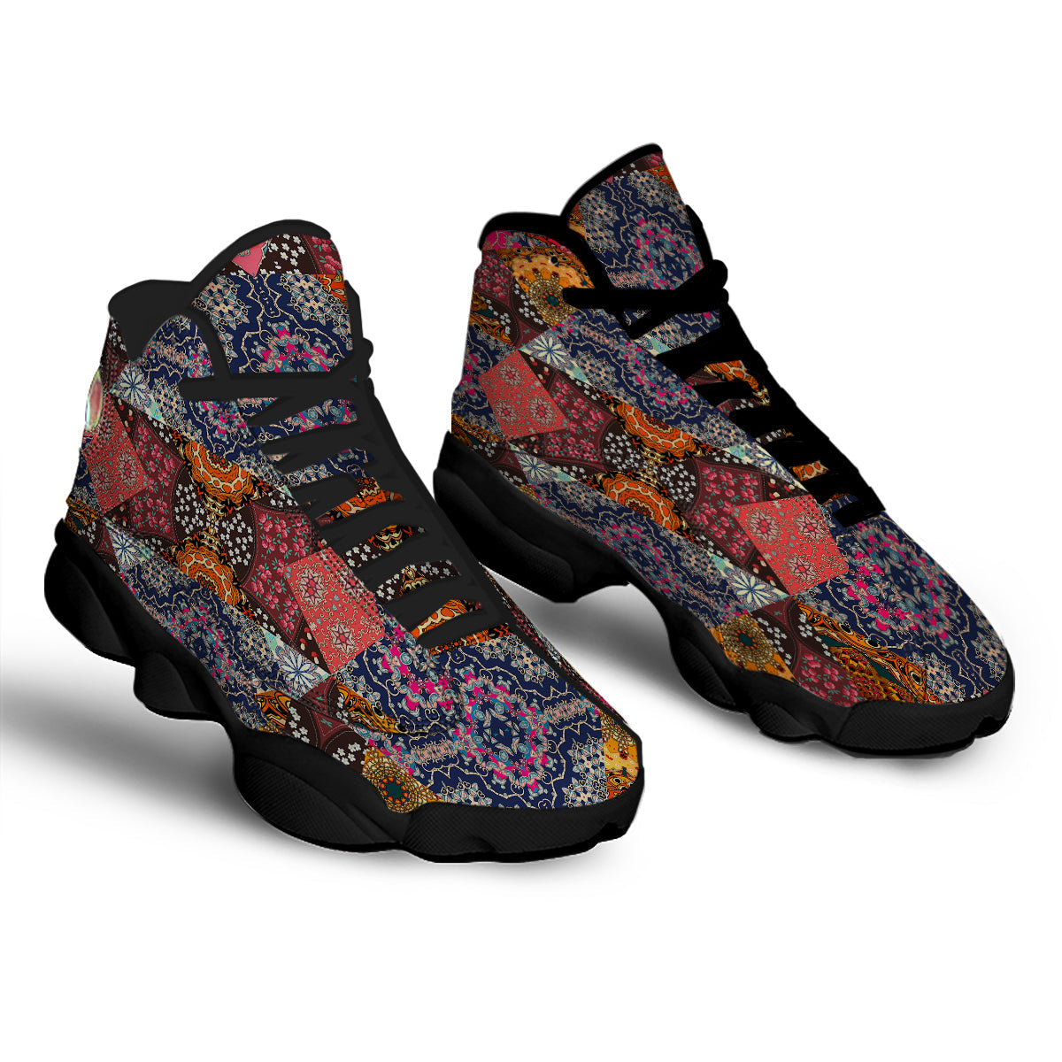 Patchwork Indian Flower Mandala Print Pattern Black Basketball Shoes-grizzshop