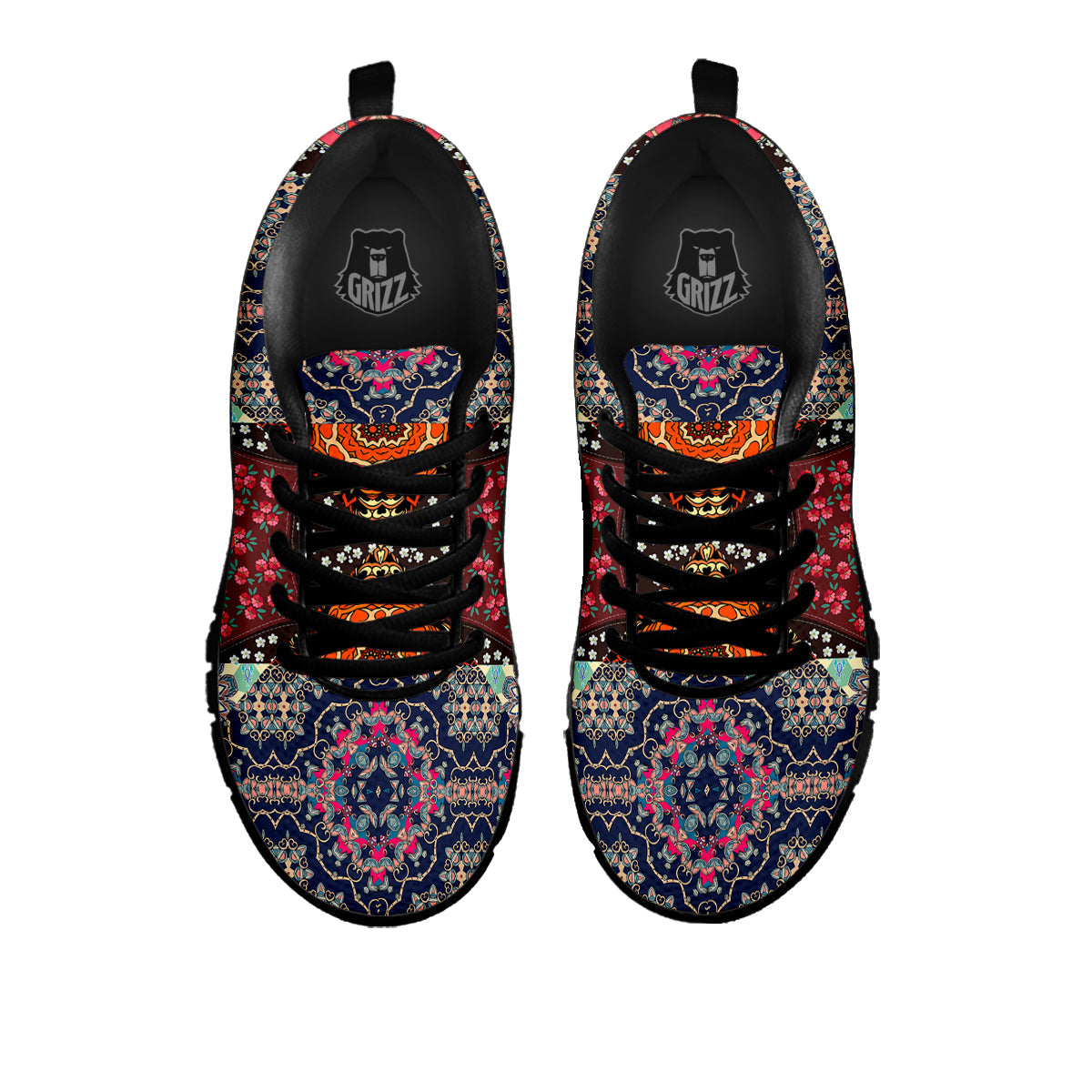 Patchwork Indian Flower Mandala Print Pattern Black Sneaker-grizzshop