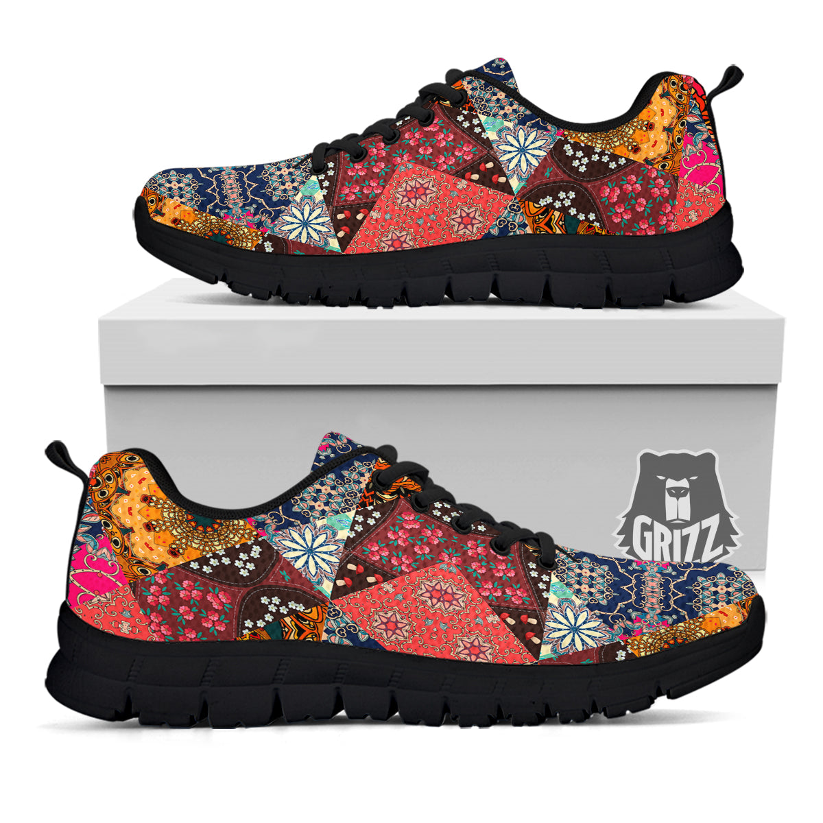 Patchwork Indian Flower Mandala Print Pattern Black Sneaker-grizzshop