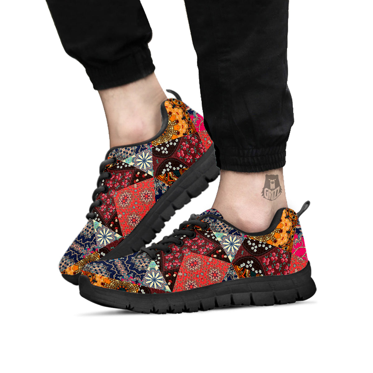 Patchwork Indian Flower Mandala Print Pattern Black Sneaker-grizzshop