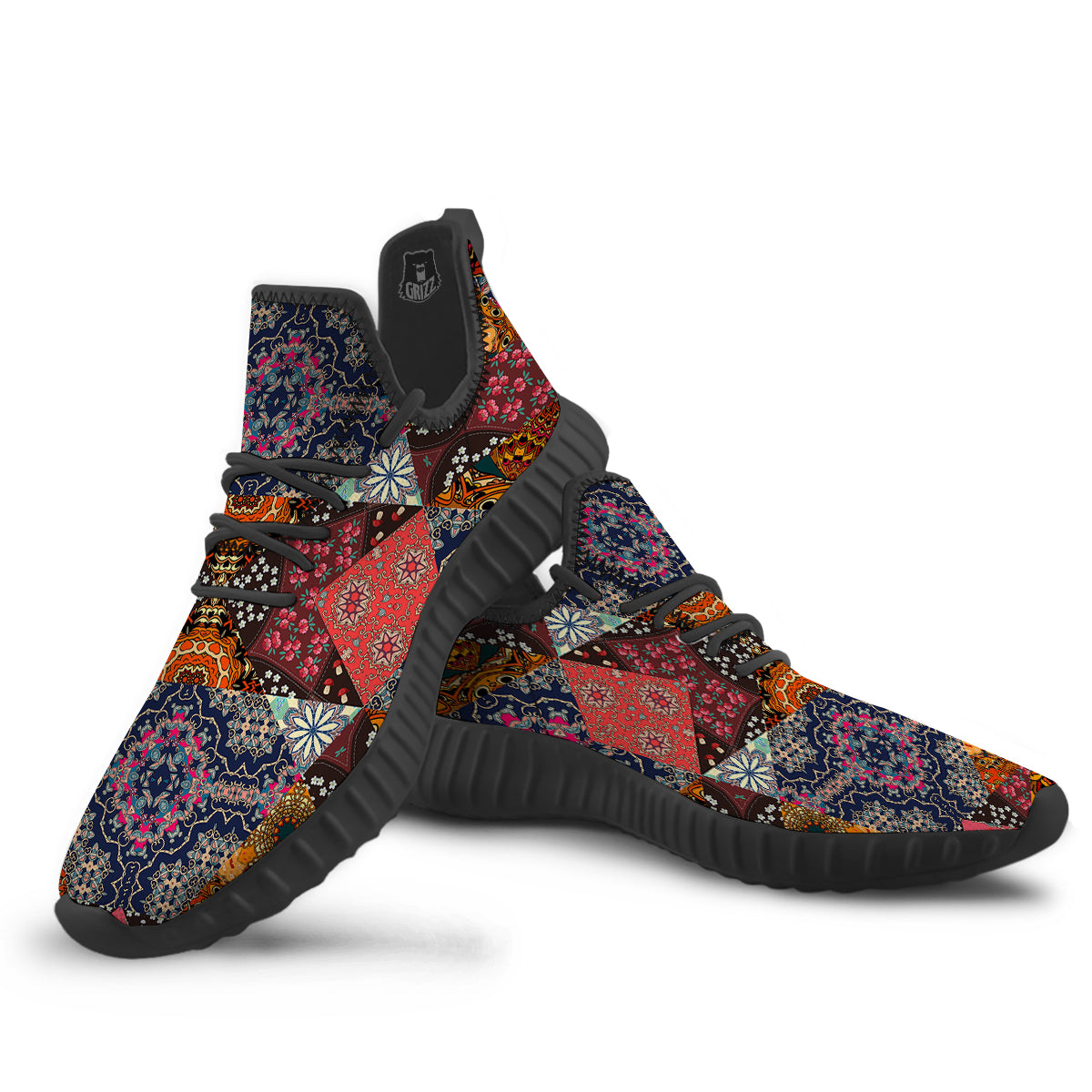 Patchwork Indian Flower Mandala Print Pattern Black Walking Shoes-grizzshop