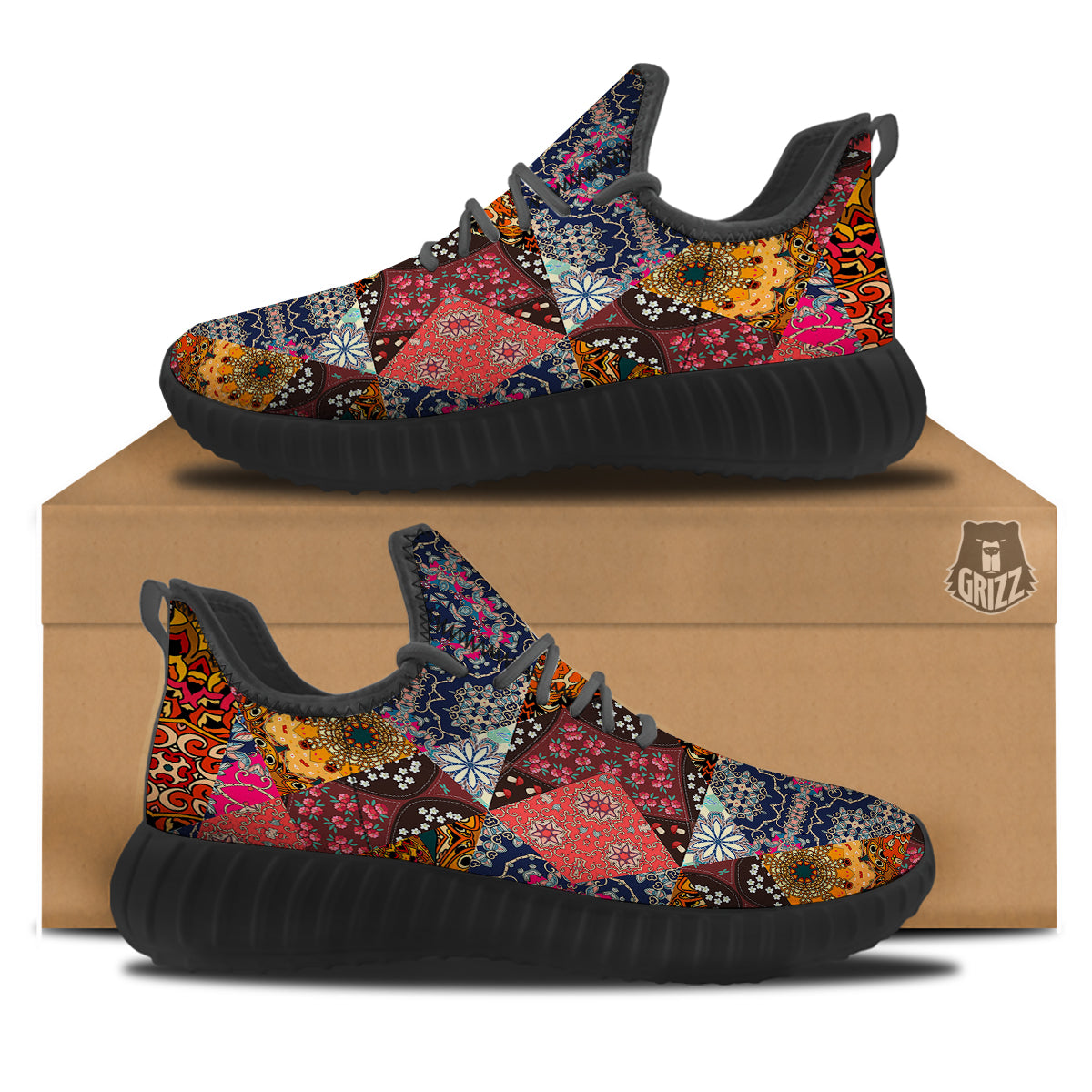 Patchwork Indian Flower Mandala Print Pattern Black Walking Shoes-grizzshop