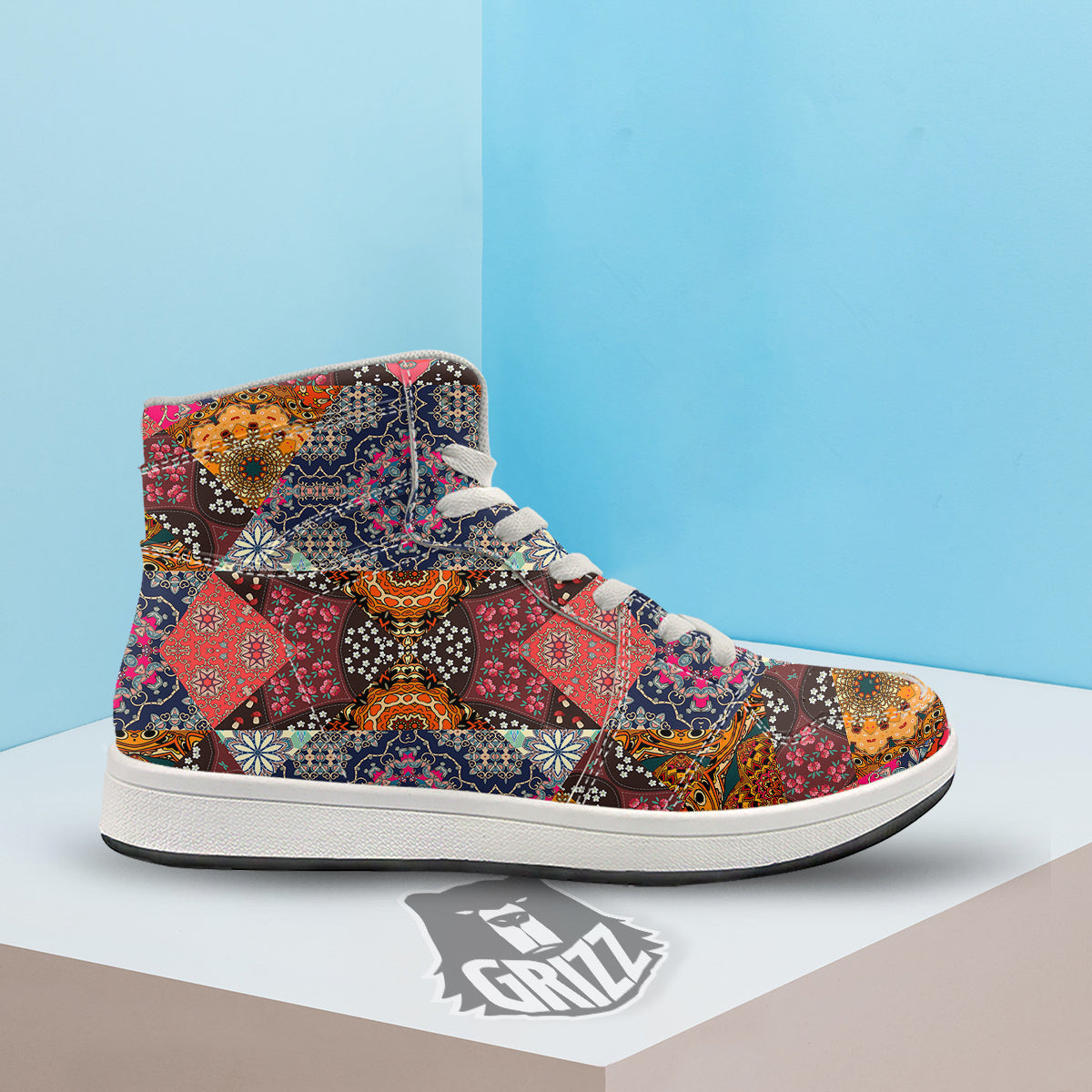 Patchwork Indian Flower Mandala Print Pattern High Top Sneakers-grizzshop