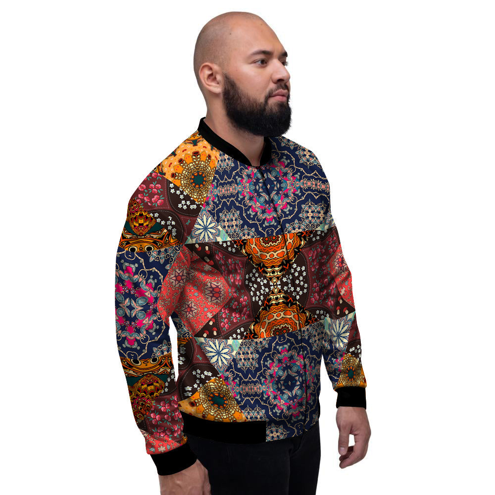 Patchwork Indian Flower Mandala Print Pattern Men's Bomber Jacket-grizzshop