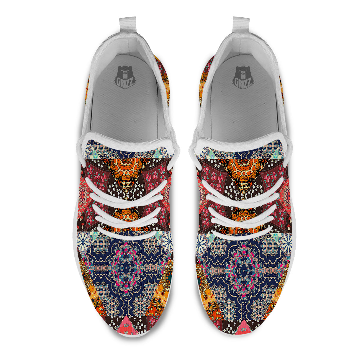 Patchwork Indian Flower Mandala Print Pattern White Athletic Shoes-grizzshop