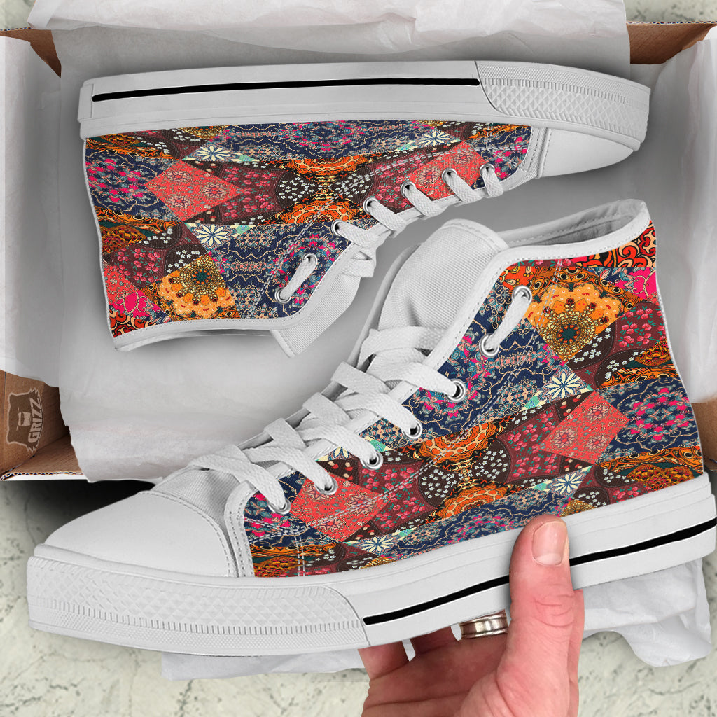 Patchwork Indian Flower Mandala Print Pattern White High Top Shoes-grizzshop