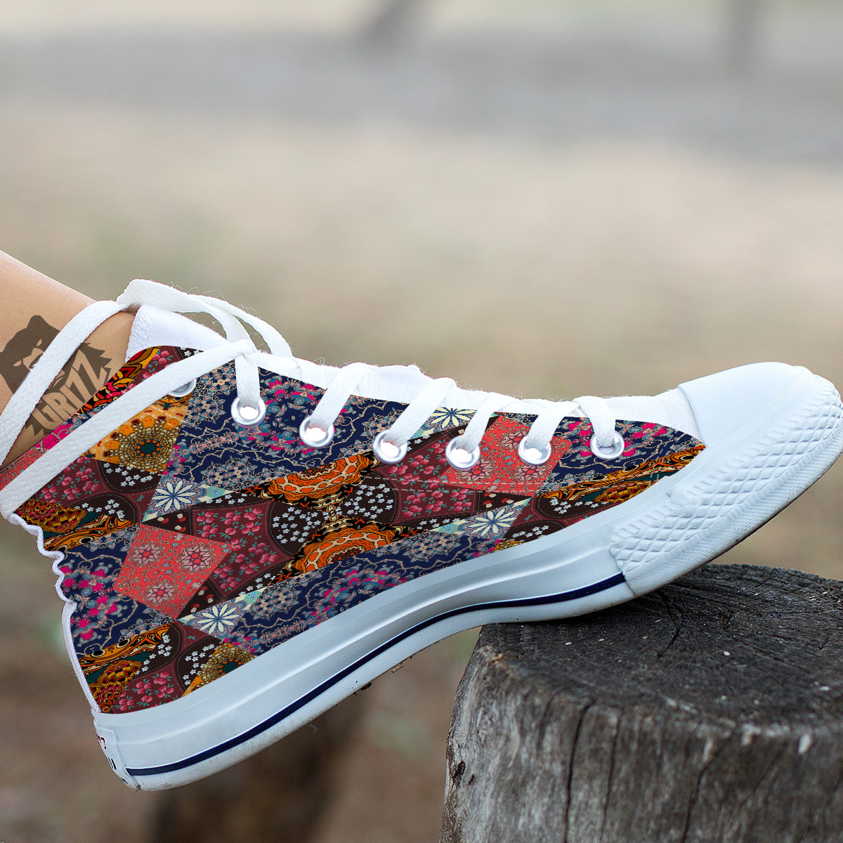 Patchwork Indian Flower Mandala Print Pattern White High Top Shoes-grizzshop