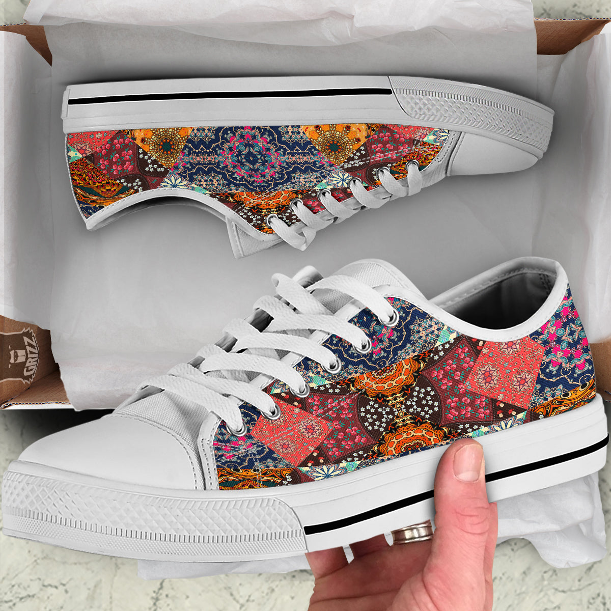 Patchwork Indian Flower Mandala Print Pattern White Low Top Shoes-grizzshop