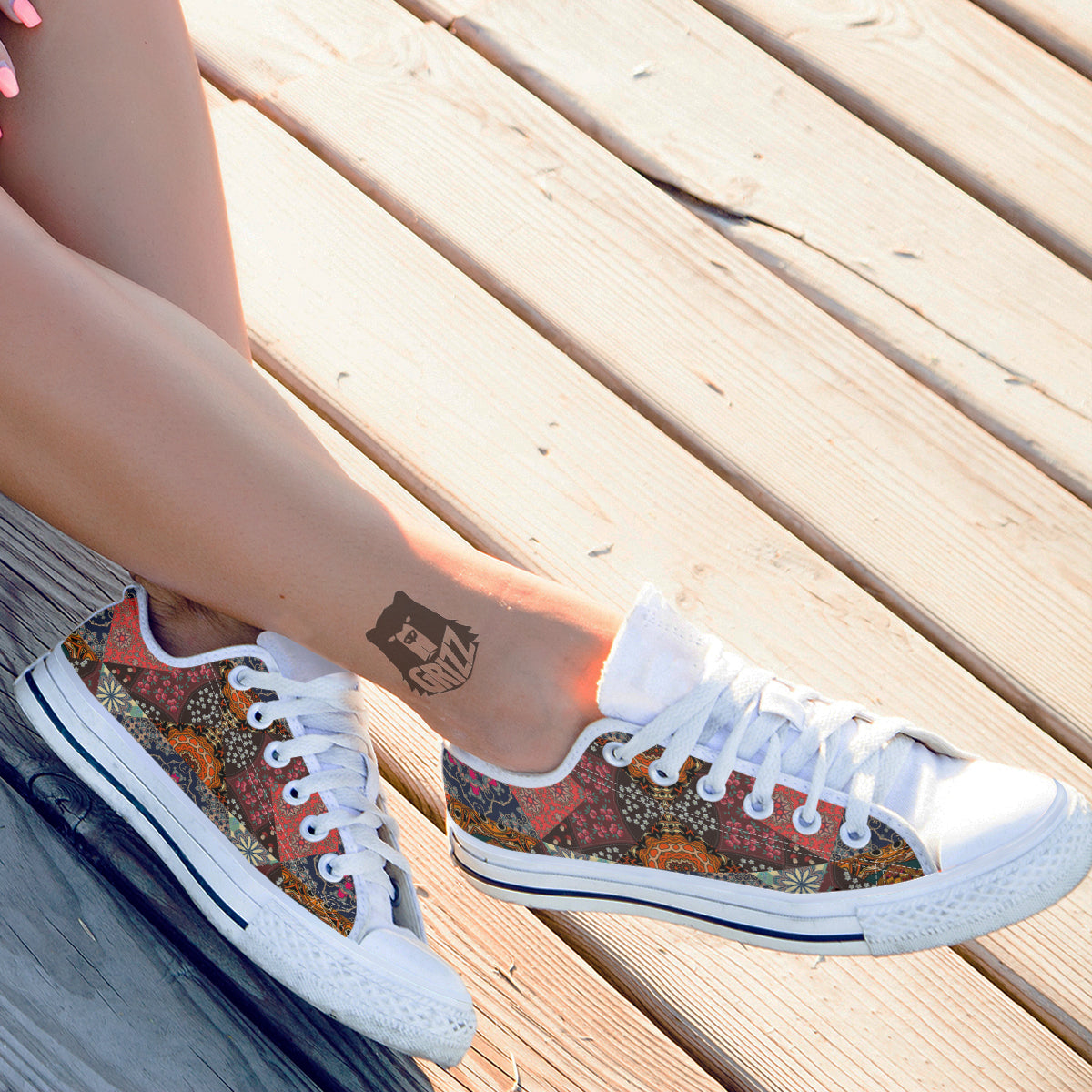 Patchwork Indian Flower Mandala Print Pattern White Low Top Shoes-grizzshop