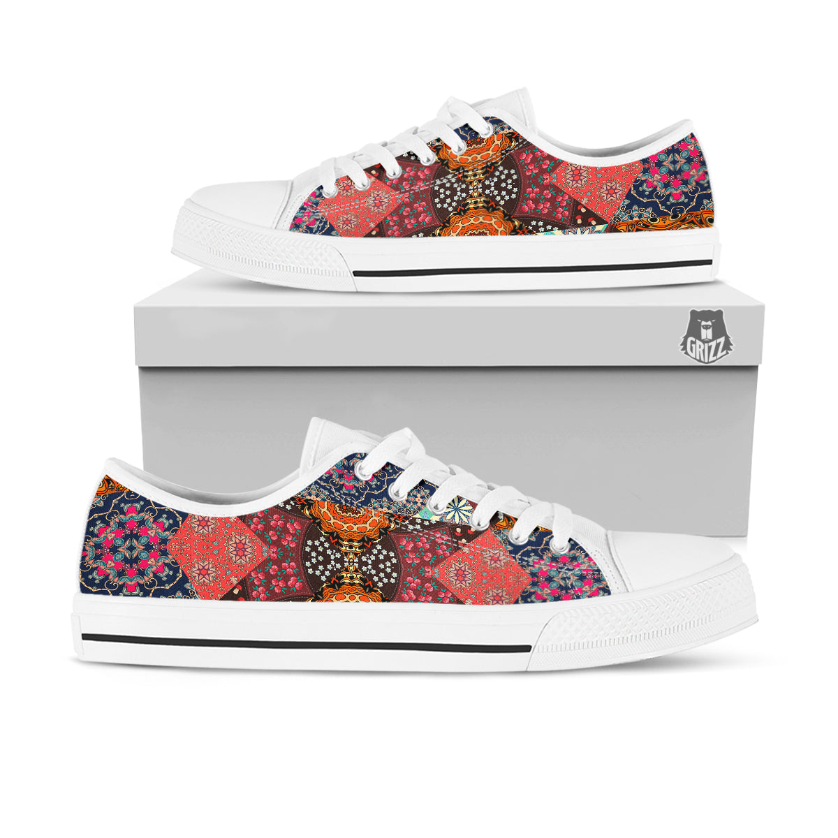 Patchwork Indian Flower Mandala Print Pattern White Low Top Shoes-grizzshop