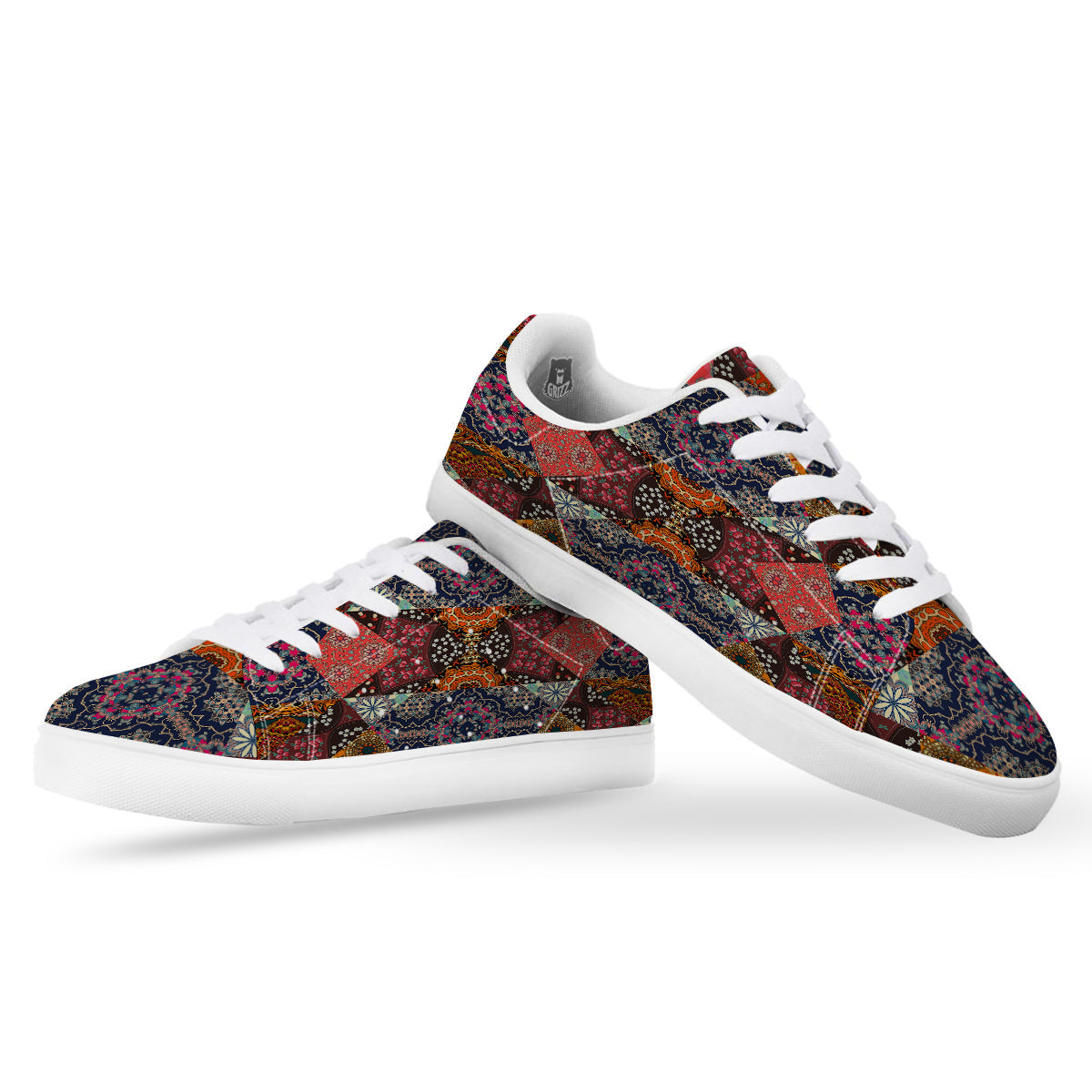 Patchwork Indian Flower Mandala Print Pattern White Low Top Sneakers-grizzshop